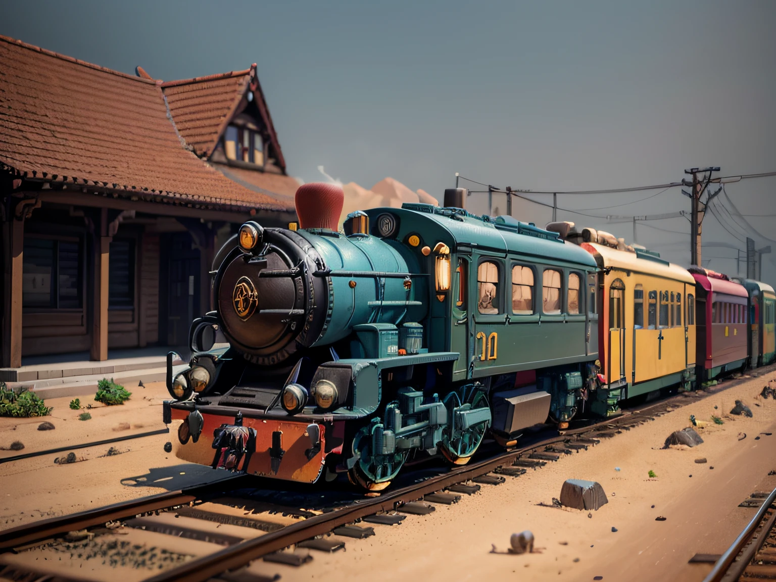 arafed colorful toy train on the side of it, hyper detailed 2 d render, hyper detailed 2d render, biomechanical railroad, an ambient occlusion render, art nouveau octane render, detailed intricate render, high detail 2 d render, ambient occlusion render