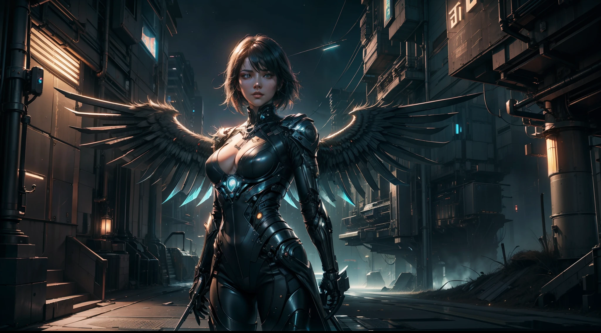 ((best qualtiy)), ((tmasterpiece)), ((Realistis)), (A detailed), (realisticlying:1.5),illusory engine, (High detail: 1.9),(femele:1.4),(big breasts beautiful: 1.4),(carismatic:1.3), (Large breasts), beuaty girl,elaborate robes,beauitful face, looking at viewert, dynamicposes, (((Mechanical wings))),The background is the city of the future,the night,hdr, Ray traching, NVIDIA RTX, Hyper-Resolution, Unreal 5, sub surface scattering, PBR textures, Post-processing, Anisotropic filtering, depth of fields, Maximum clarity and sharpness, trichotomy,8K original,(Luminous Particle:1.4),(VerydetailedCG,Unity 8k壁纸,cinmatic lighting,lens flare glow),Reflectors,Sharp focus,cyber punk style