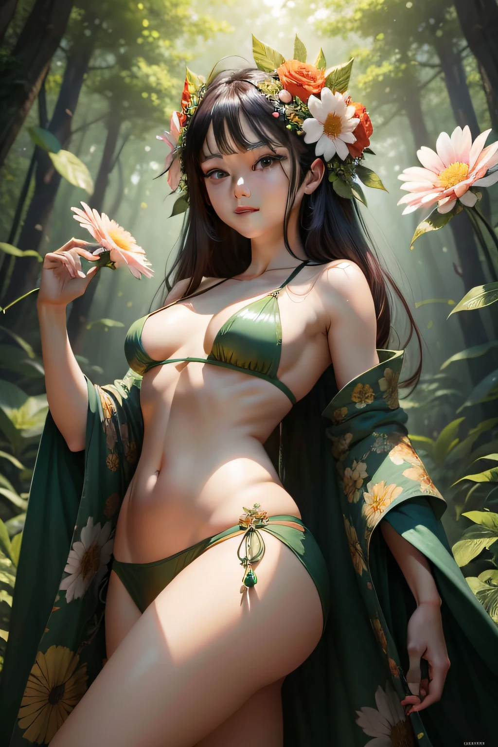 Background natural forest,The god of flowers has a hot and sexy body Two-dimensional Bright and brilliant Super cute face Rich flower