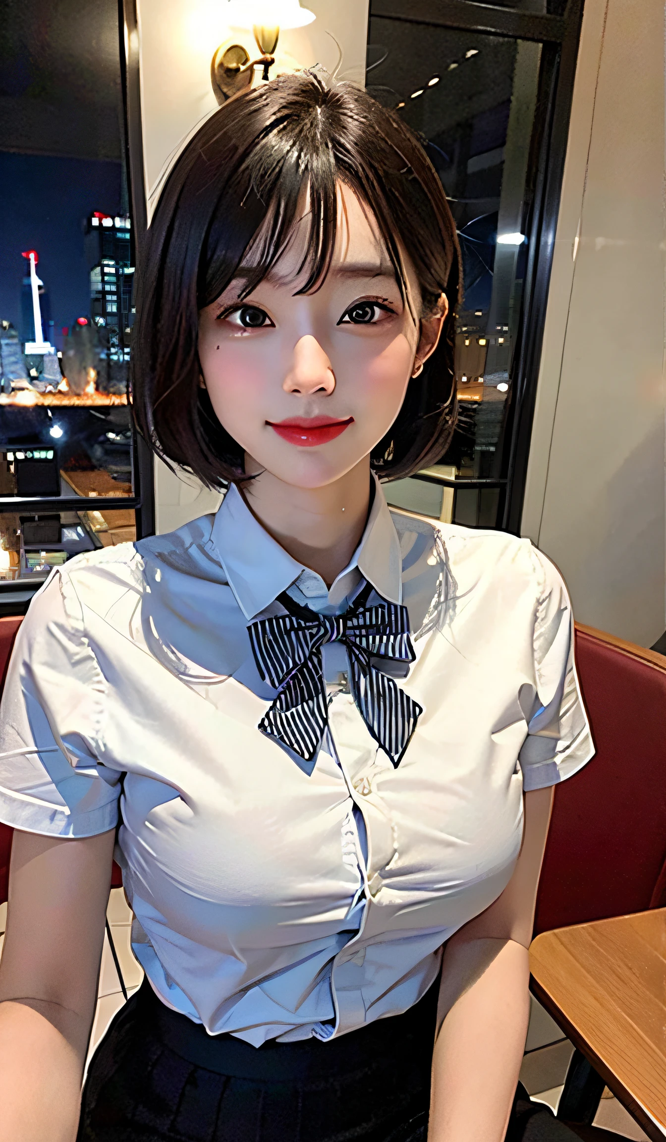 (8k, RAW photo, best quality, masterpiece:1.2), (realistic, photo-realistic:1.37), ultra-detailed,
1 girl,cute, solo,beautiful detailed sky,detailed cafe,night,sitting,dating,(nose blush),(smile:1.1),(closed mouth),large breasts, seductive smile, large aparture, professional lighting, Sony A7R4, Zessie 50mm F1.8,
medium breasts,beautiful detailed eyes,(collared shirt:1.1), bowtie,pleated skirt,(short hair:1.2),floating hair