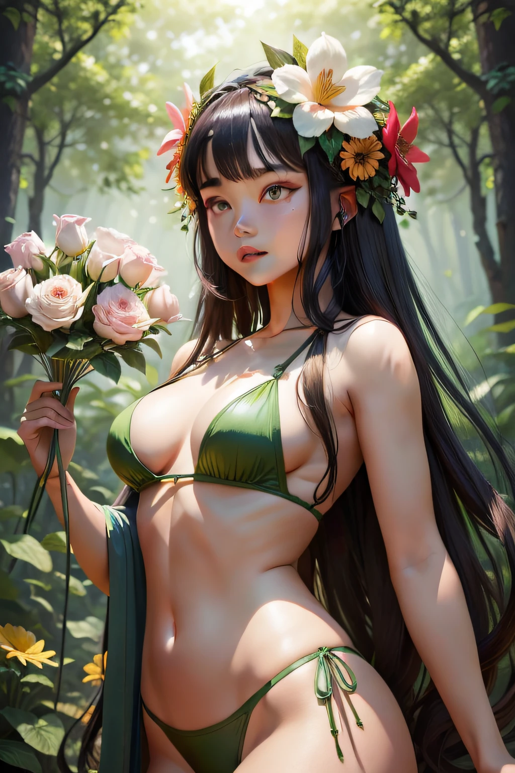 Background natural forest,The god of flowers has a hot and sexy body Two-dimensional Bright and brilliant Super cute face Rich flower