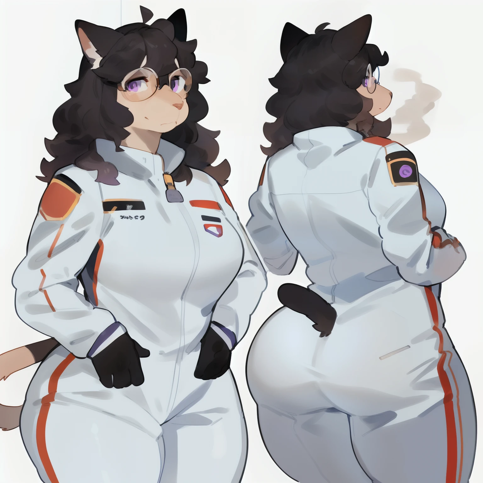 by bebebebebe, by goonie-san, by bigcozyorca, by buta99, solo, female, standing, feline, (((detailed eyes, glasses))), thick thighs, thicc, plump, medium hair, ((snout)), tail, smoky colored fur, brownish grey fur, black hair, ((wavy hair)), purple eyes, white spacesuit