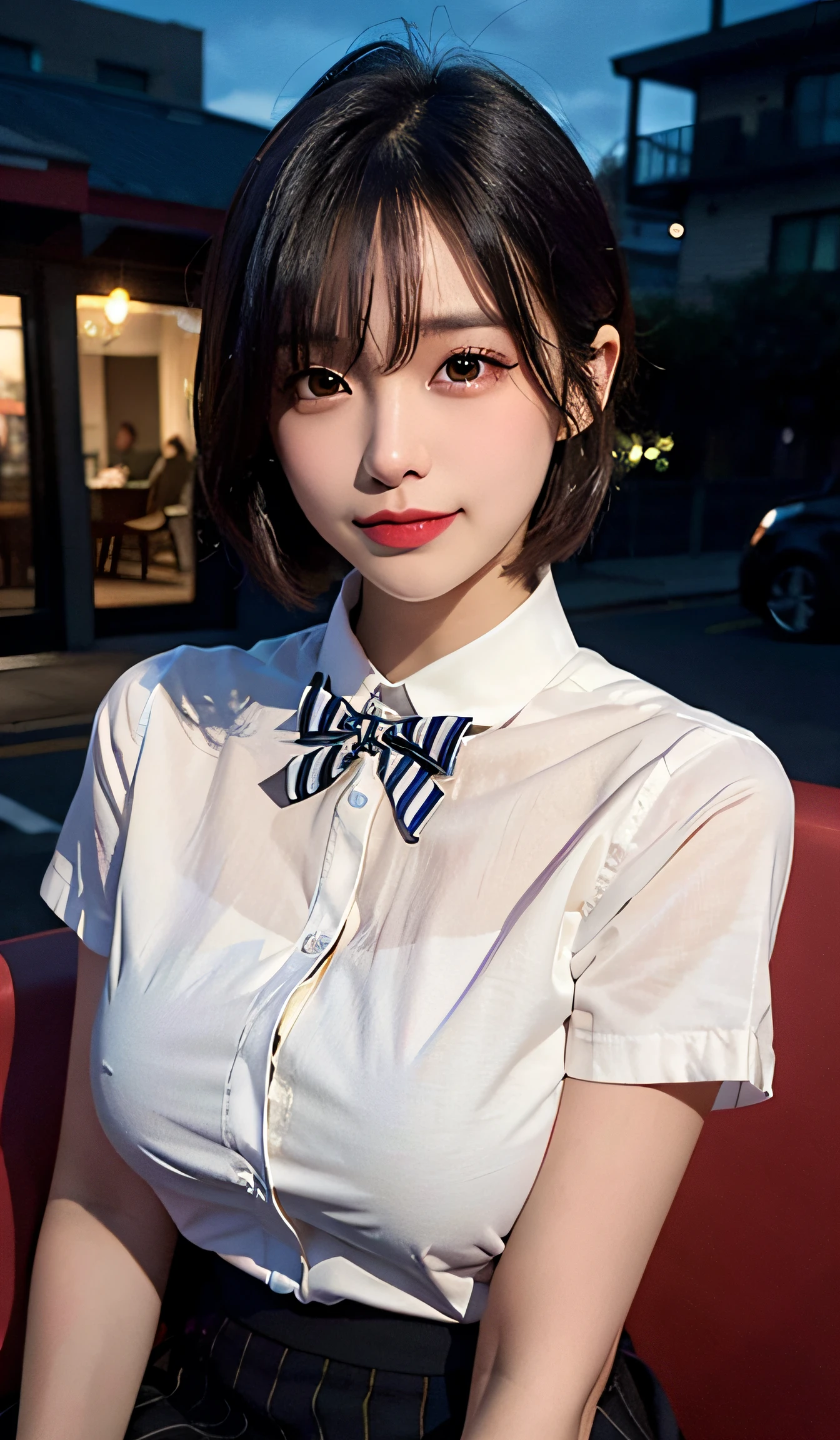 (8k, RAW photo, best quality, masterpiece:1.2), (realistic, photo-realistic:1.37), ultra-detailed,
1 girl,cute, solo,beautiful detailed sky,detailed cafe,night,sitting,dating,(nose blush),(smile:1.1),(closed mouth),large breasts, seductive smile, large aparture, professional lighting, Sony A7R4, Zessie 50mm F1.8,
medium breasts,beautiful detailed eyes,(collared shirt:1.1), bowtie,pleated skirt,(short hair:1.2),floating hair