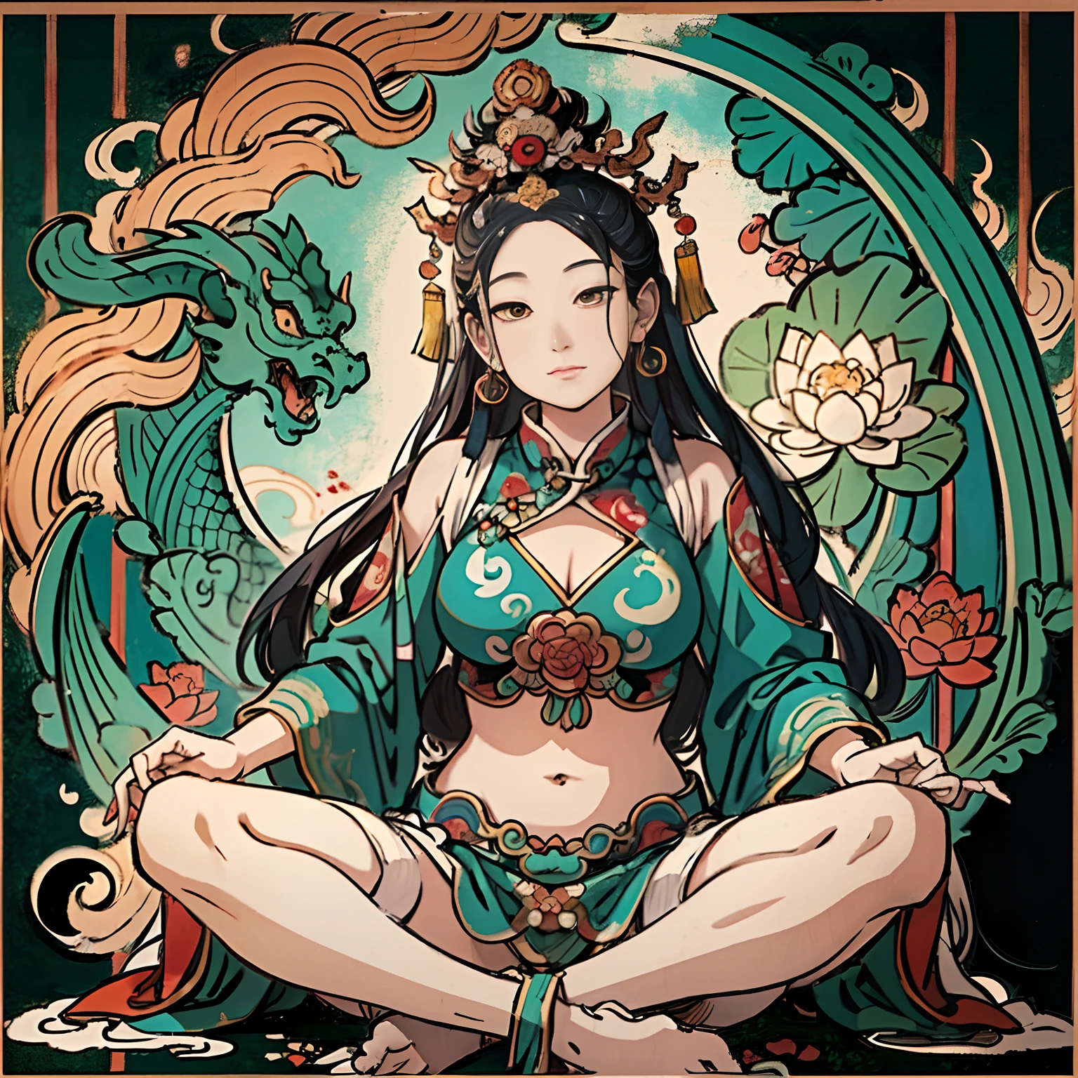 an ancient Chinese goddess, guanyin of the southern seas, Guanyin, Inspired by India, Avalokiteshvara rides a dragon,,Serene expression,shui mo hua,Buddha,Buddhist,Lotus,Chinese painting style,Thangka style