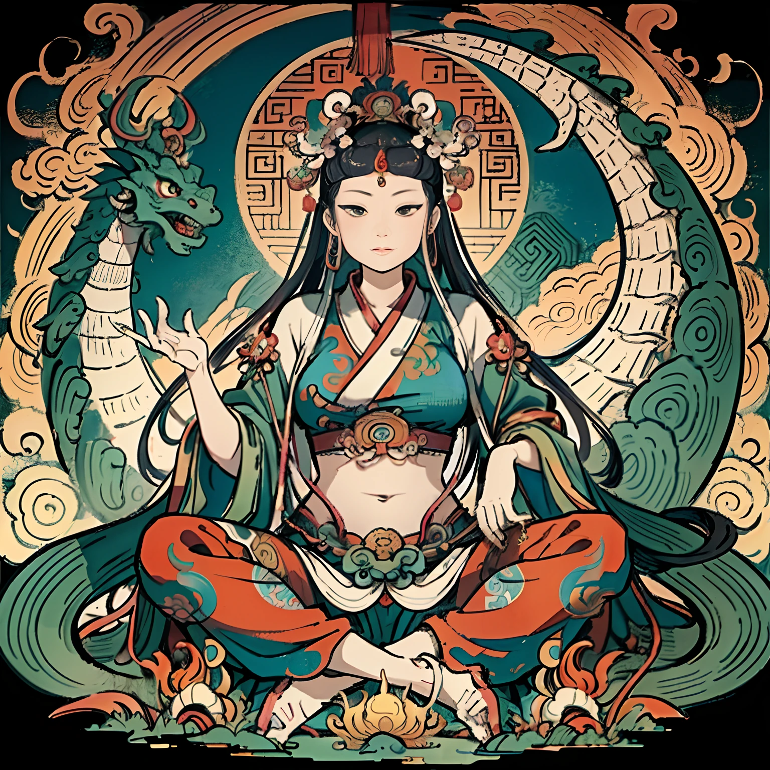 an ancient Chinese goddess, guanyin of the southern seas, Guanyin, Inspired by India, Avalokiteshvara rides a dragon，,Serene expression,shui mo hua,Buddha,Buddhist,Lotus,Chinese painting style,Thangka style