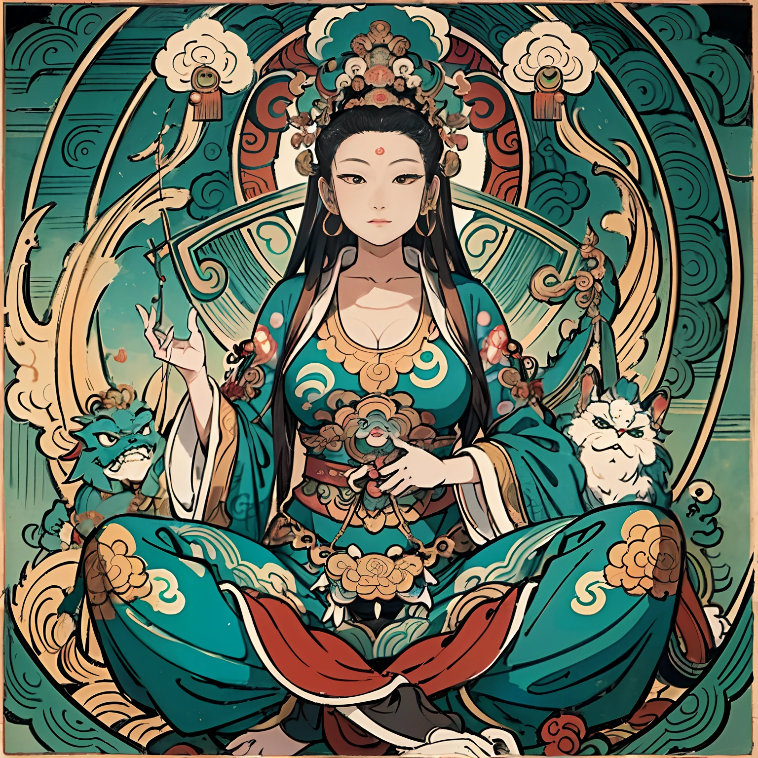 An ancient Chinese goddess, Guanyin of the Southern Seas, radiates serenity with her inspiring countenance, reminiscent of India's Avalokiteshvara Bodhisattva. Surrounded by the ethereal beauty of lotus flowers, she embodies the Buddhist essence with her naked form subtly hinted in a nsfw manner. This captivating image is rendered in the intricate shui mo hua Chinese painting style, showcasing intricate details and delicate brushwork. With vivid colors and stunning resolution in 8k, every element shines like a Thangka, revealing Guanyin's divine and compassionate form. Nsfw, naked, pubic