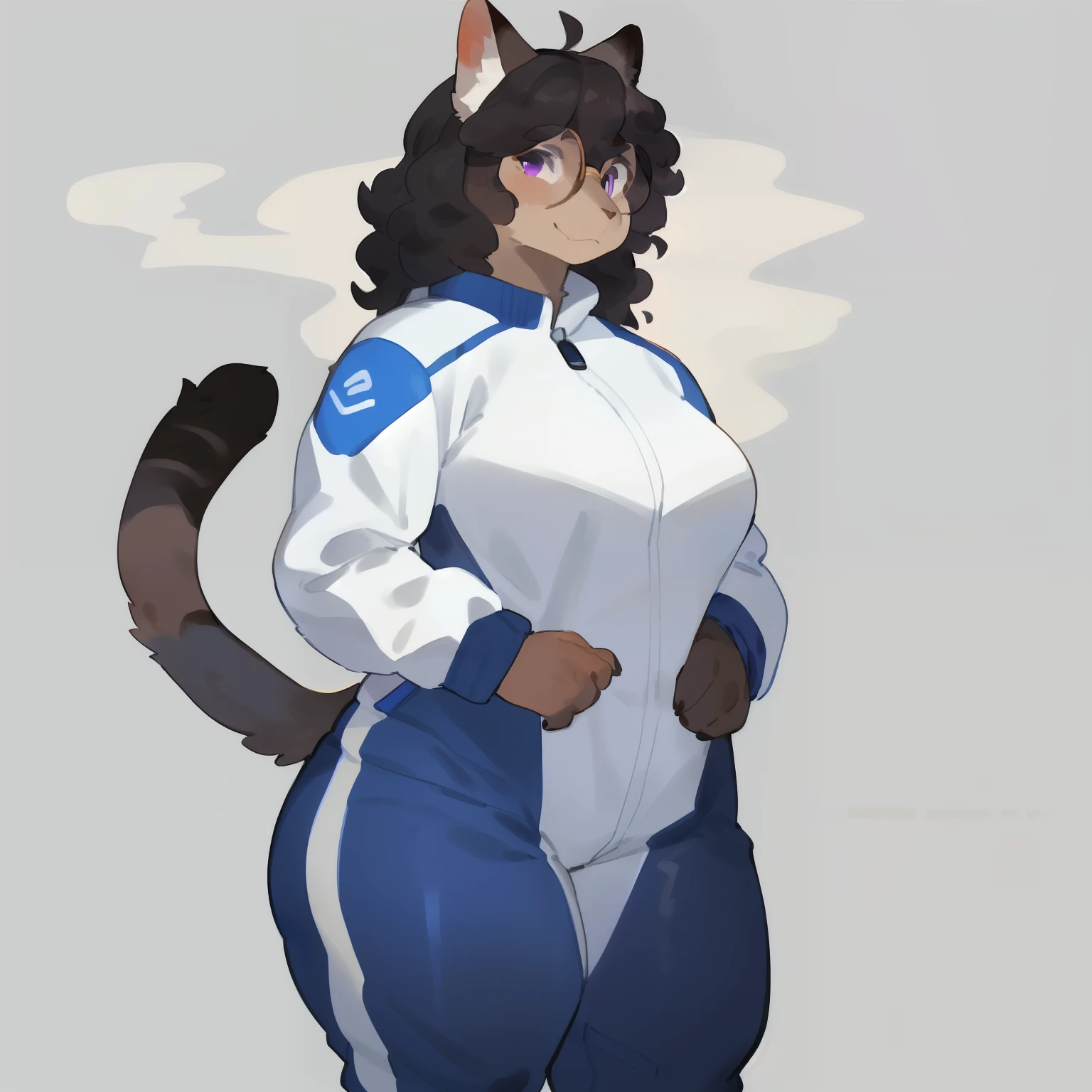 by bebebebebe, by goonie-san, by bigcozyorca, by buta99, solo, female, standing, feline, (((detailed eyes, glasses))), plump, medium hair, ((snout)), tail, smoky colored fur, grey fur, dark fur, black hair, ((wavy hair, short hair, swept fringe)), blue eyes, blue, cyan and yellow spacesuit, cleavage