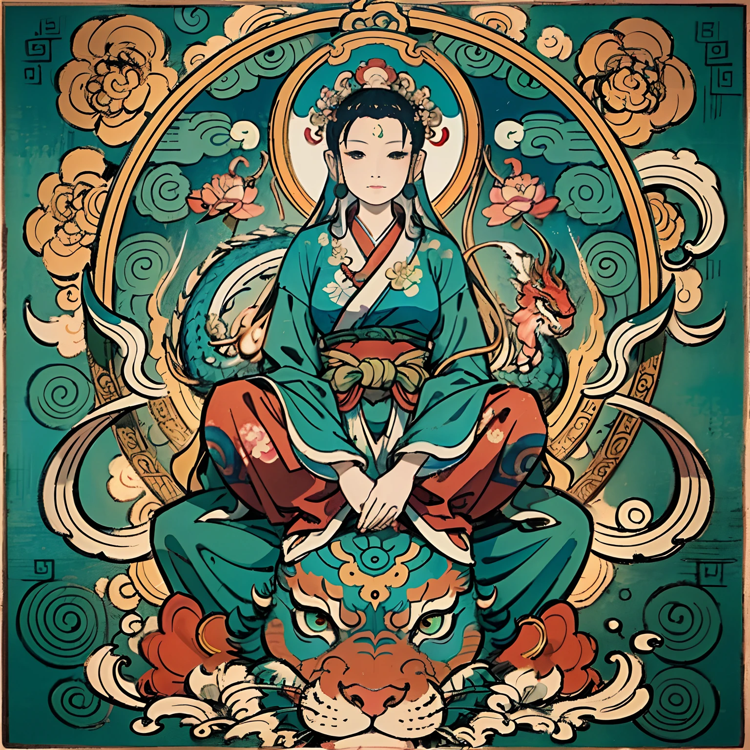 an ancient Chinese goddess, guanyin of the southern seas, Guanyin, Inspired by India, Avalokiteshvara rides a dragon,,Serene expression,shui mo hua,Buddha,Buddhist,Lotus,Chinese painting style,Thangka style