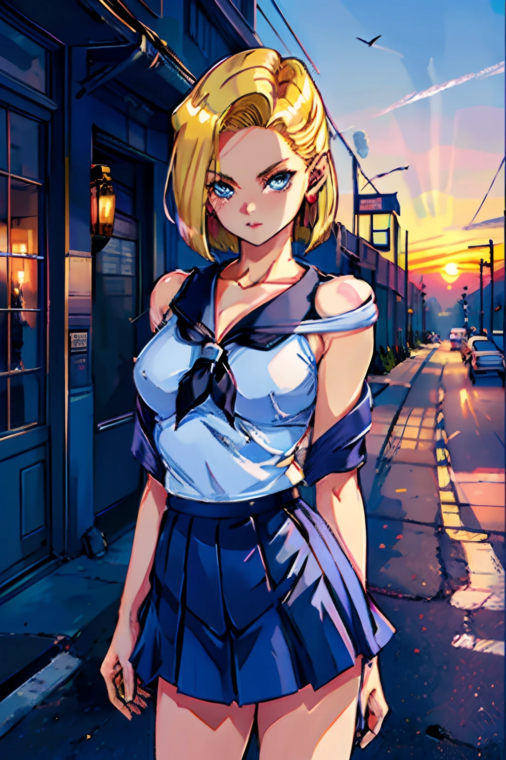 best quality, highres, and18, 1girl, android 18, solo, blonde hair, blue eyes, short hair, earrings, jewelry, medium breasts, cowboy shot, street, (school uniform:1.2), off-the-shoulder, sunset,