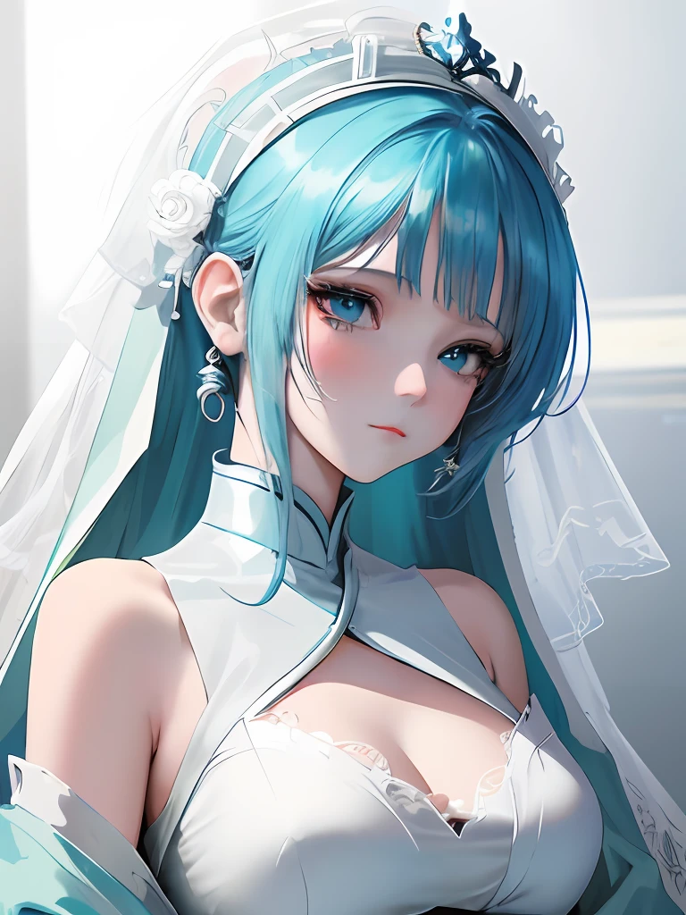 a women, blue hair, blue eyes, white dress