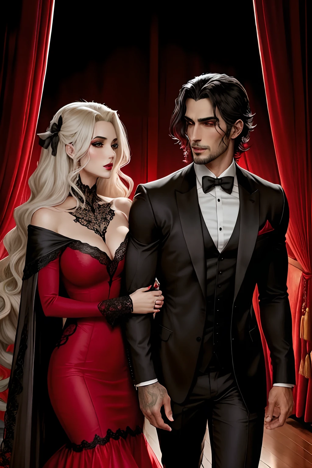 Casal de vampiros, estilo anime, mulher sexy vestido vermelho, homem cinza e terno preto, mulher vestido de noiva, preto, Escuro, cabelos loiros, cabelos muito longos, sombrio, Pashmina