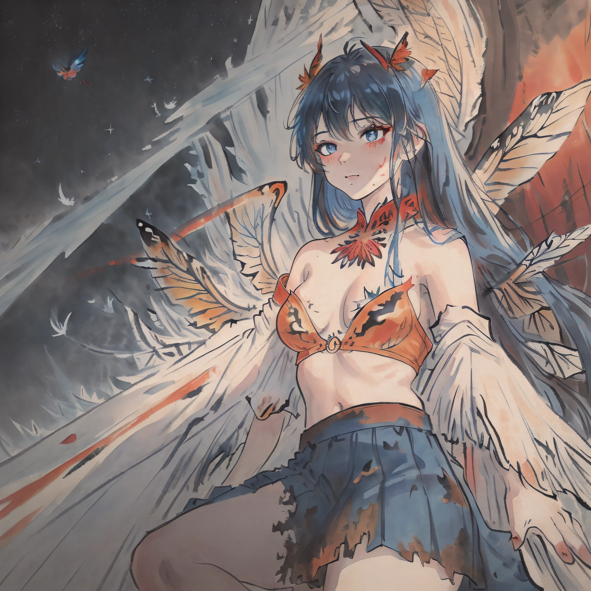 ((ink)),((watercolor)),{{best quality},(expressionless),((illustration)),(beautiful detailed girl),(beautiful detailed eyes),world masterpiece theater,depth of field,(blue spark),anime face,black gauze skirt,(red and blue hair),blue eyes,focus_on_face,medium_breasts,(((((messy_long_hair))))),Bare shoulder,very_close_to_viewers,burning sky,navel,((bustier)),flame,Rainbow in the sky,((Flames burning ice)),(((Fire butterflys ))),(((ice crystal texture wings))),(Flying sparks),(detailed ice),{{a lot of luminous ice crystals}},((burning feathers)),{feathers_made_of_ice},(frozen feathers),{{{ice and fire together}}}