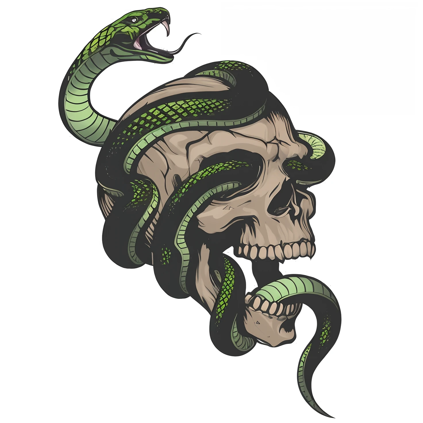 a skull with a snake on its head and a snake in its mouth, snake heads, snake head, with the head of a snake, misturado com cobra, com cobras para cabelo, snake is surrounding them, colorful illustration for tattoo, cobras para cabelo, cobras altamente detalhadas, cobras no cabelo, arte detalhada assustadora em cores, cobras verdes, esqueleto da cobra, arte da cobra