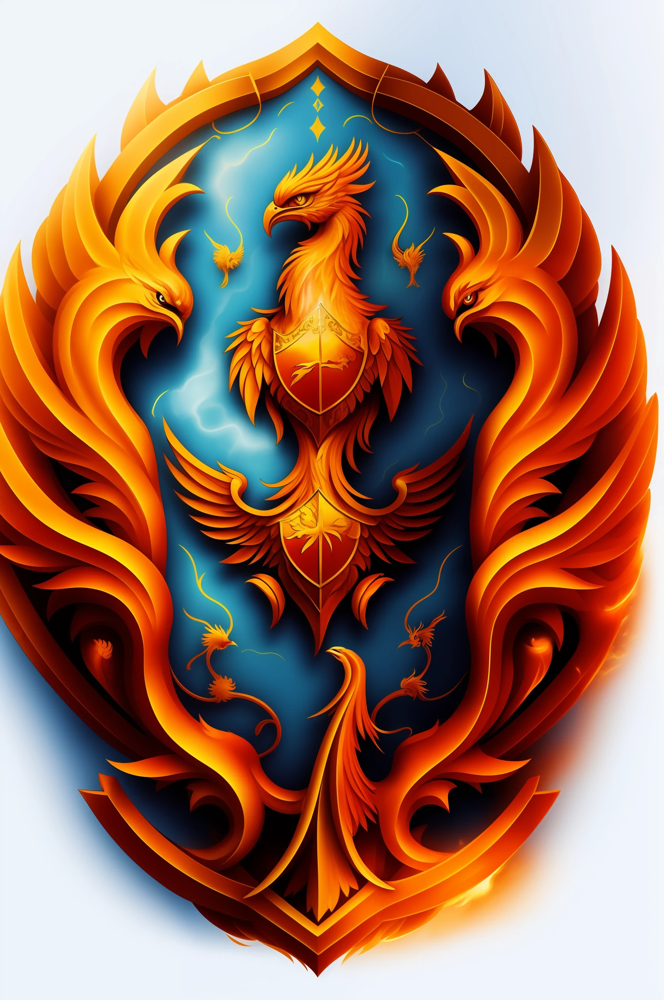 A closeup of a firebird on a shield with flames, artwork of a phoenix, ''wallpaper of a phoenix, phoenix rising, com asas douradas ardentes de chama, com asas douradas ardentes, phoenix-inspired, ornate with fiery explosions, ''wallpaper of a phoenix resting, phoenix in fire, phoenix rising from the ashes, the solarpunk phoenix, Phoenix Dragon, phoenix