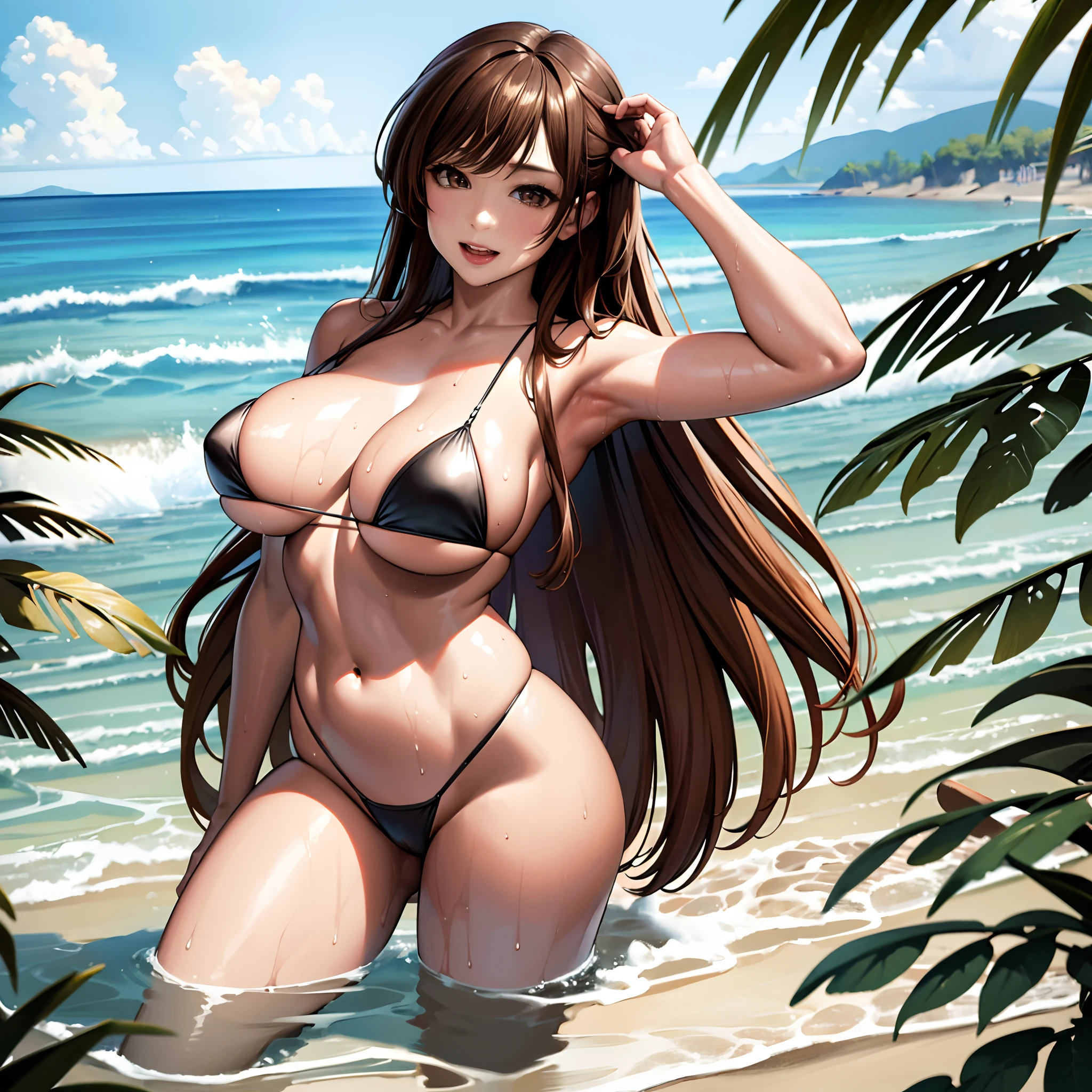 Masterpiece, Best quality, highly detailed, highres, highly detailed, one girl, long hair, brown hair, brown eyes, large breast, black bikini, wet, nipple perked out from under bikini, outdoor, beach, side tide bikini, looking at viewers, smile, open mouth,