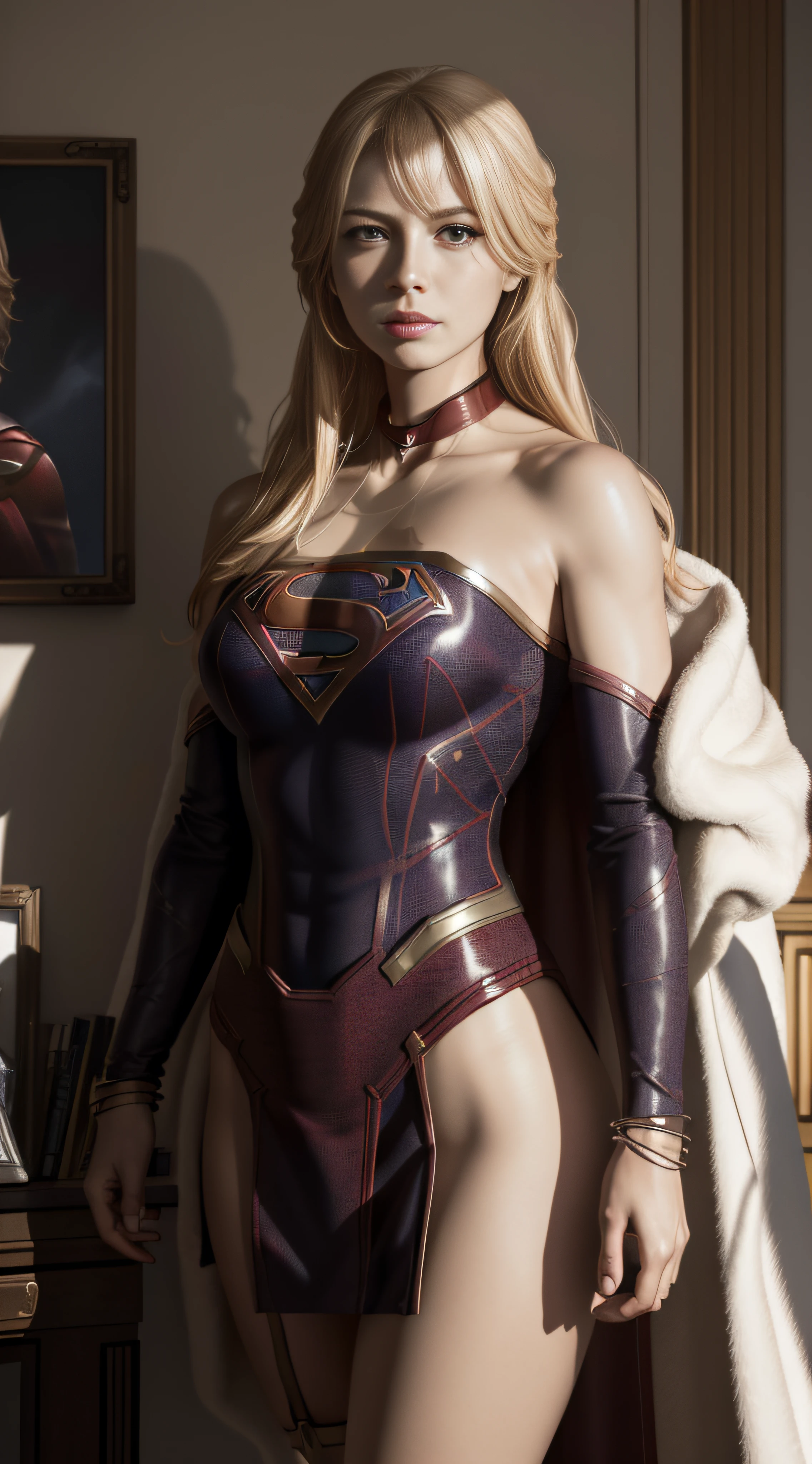 "Supergirl's masterpiece of art complete, high quality, ultra detailed in 4k, 8k, high resolution, hyper-realistic photo, hyper-detailed, realistic skin texture, amazing shadows, extremely detailed texture, perfect lighting, high-level image quality." A female superheroine, inspired by x-man, Fair skin, blond hair, outlined eyes, outlined face, bracelet, Full body, Nice super hero clothes, in the florest, outside a mansion, symbol S of superman.