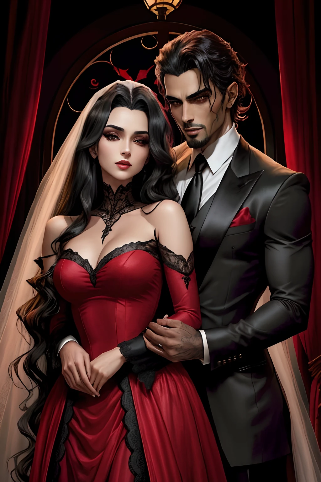 Casal de vampiros, estilo anime, mulher sexy vestido vermelho, homem cinza e terno preto, mulher vestido de noiva, preto, Escuro, cabelos loiros, cabelos muito longos, sombrio, Pashmina