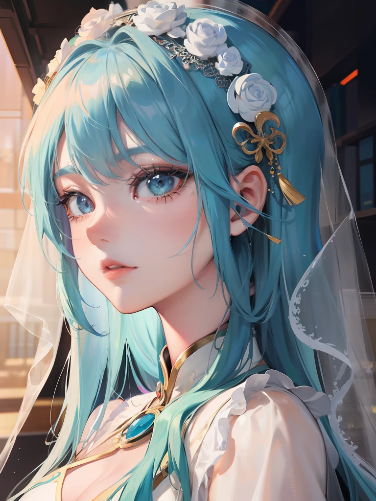 Close up portrait of a veiled blue-haired woman, anime style 4 k, High quality detail art in 8K, Anime art wallpaper 8k, anime art wallpaper 4k, Detailed Digital Anime Art, anime art wallpaper 4k, Anime style. 8K, anime wallpaper 4k, anime wallpaper 4 k, Anime girl with teal hair,((A detailed face)),Chinese-style clothing,white clothes