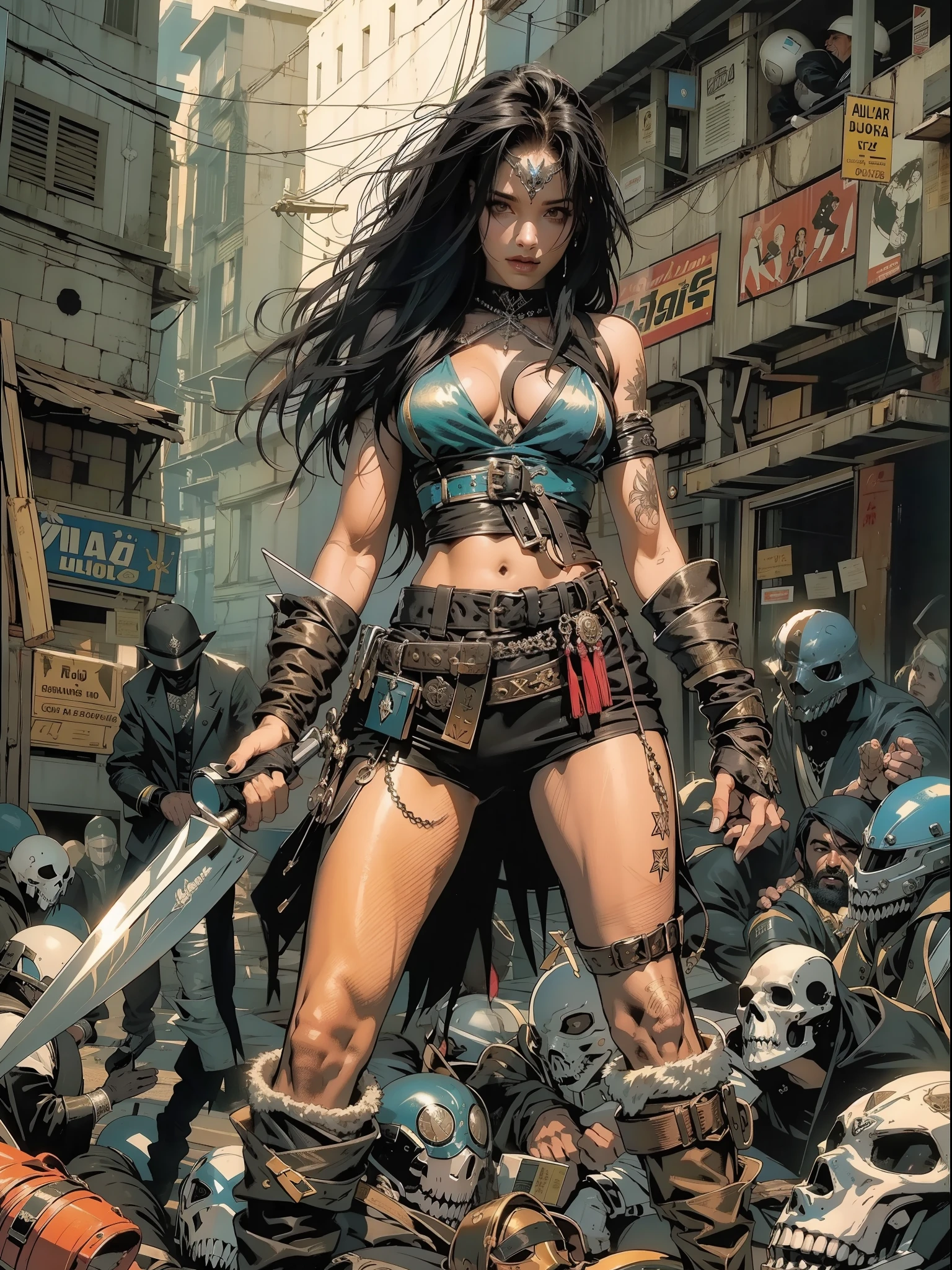 (((mulher))), (((melhor qualidade))), (((obra prima))), (((adulto))), Uma pirata mulher de 35 anos com corpo perfeito, Gladiadores do Brooklyn, (( sob os peitos )), quase nua no estilo selvagem urbano de Simon Bisley para a capa da revista Heavy Metal, cabelo loiro, Minimum clothing, black suit, armadura, cheio de pontas e rebites, tatuagem tribal, (((do joelho pra cima))), cabelo desalinhado