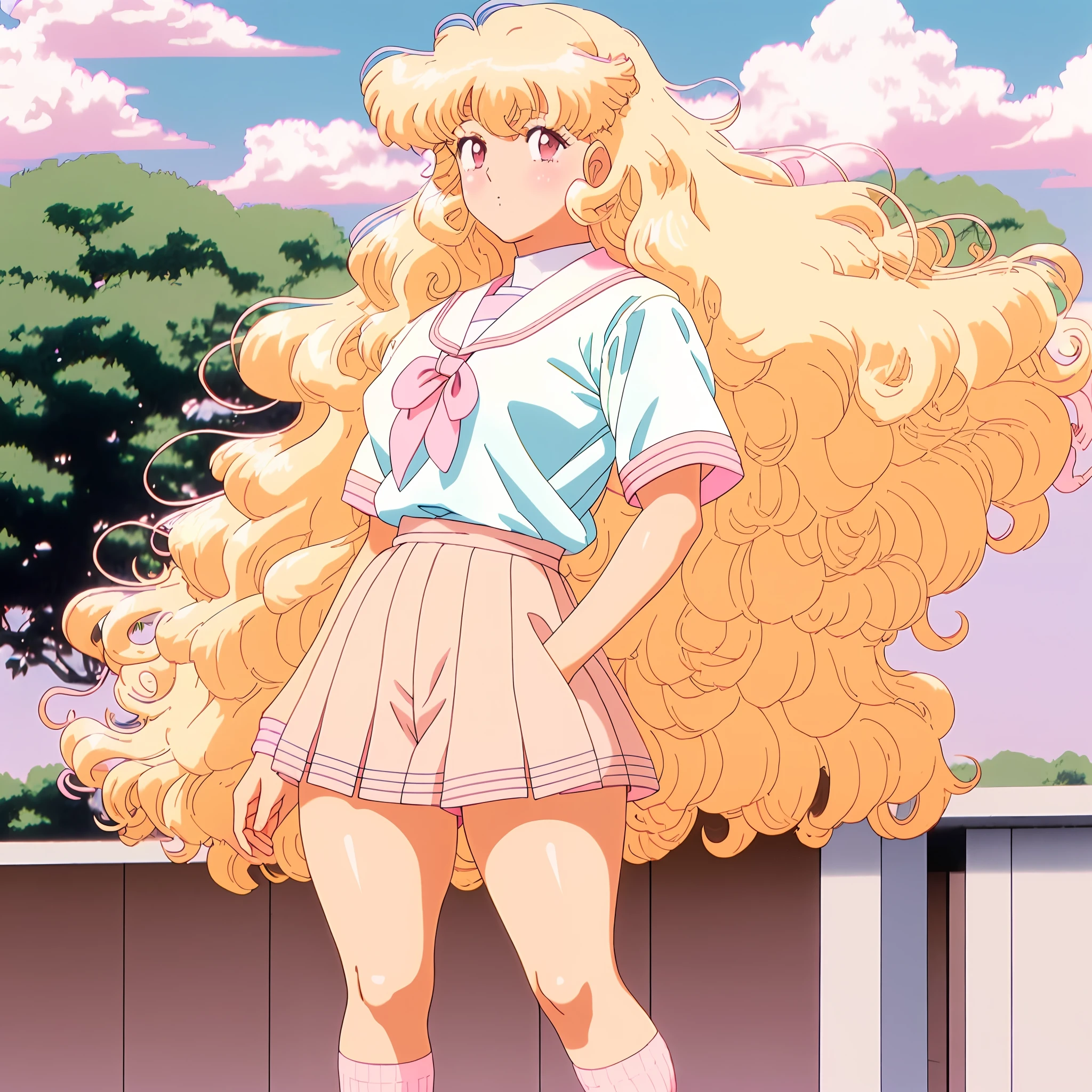 muted pastel colors, retro anime, 1990s anime, 1980s anime, brush strokes, 

1girl, female, gyaru, tanned skin, extremely curly blond hair, lots of flowing blonde curly hair, bleached hair, unique pink and beige Japanese school uniform, thick gyaru socks, perfect build, swagger walk dark tanned skin