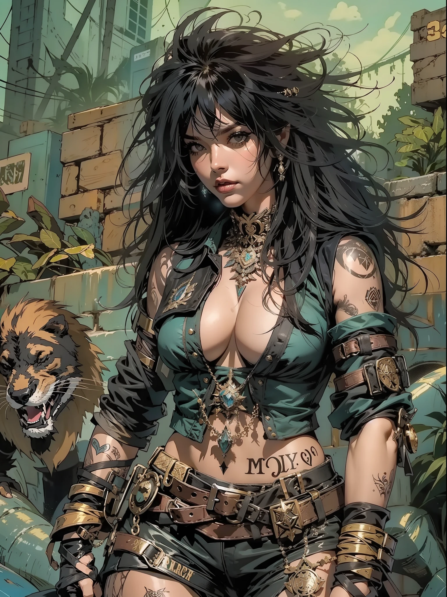(((mulher))), (((melhor qualidade))), (((obra prima))), (((adulto))), Uma pirata mulher de 35 anos com corpo perfeito, Gladiadores do Brooklyn, (( sob os peitos )), quase nua no estilo selvagem urbano de Simon Bisley para a capa da revista Heavy Metal, cabelo loiro, Minimum clothing, black suit, armadura, cheio de pontas e rebites, tatuagem tribal, (((do joelho pra cima))), cabelo desalinhado