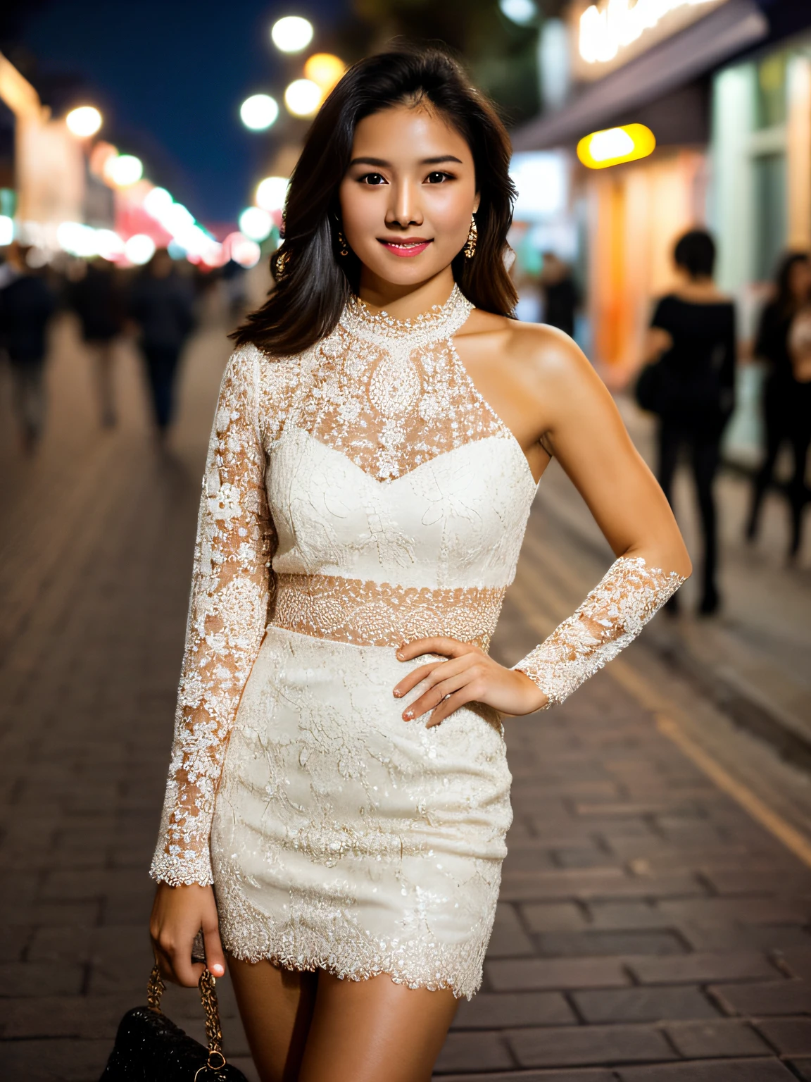 Raw photo, Woman standing on the street at night, (High detailed skin:1.2), 8KUHD, Digital SLR, Soft lighting, High quality, upper body closeup, wearing an elegant outfit