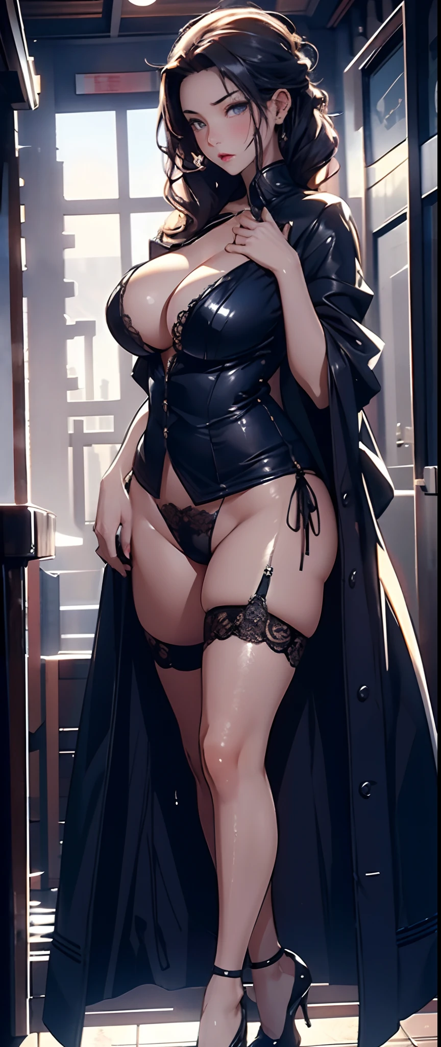 (真实感:1.4),The upper part of the body，1female，35yo，Huge breasts， 独奏，girl soldier，Wear a green trench coat， Pornographic exposure，（Background with：military base），  From the front side， Wet straight hair， Sweating profusely，mostly cloudy sky，（tmasterpiece），（Very detailed CG unity 8K wallpaper），best qualtiy，cinmatic lighting，detailed back ground，beatiful detailed eyes，Bright pupils，（Very fine and beautiful），（Beautiful and detailed eye description），ultra - detailed，facing at camera，A high resolution，ultra - detailed），standing on your feet，Emotive expressions，Open-mouthed，Chest sagging，nakeness， Expose the genitals，revealing breasts，Camel toes，with no underpants，extremely large bosom，Extremely colorful，Most detailed，fully body photo，The face is well lit，tmasterpiece，Busty woman，Beautiful and charming woman face，white stockings，largeeyes，High-heeled leather shoes， Thin waist，long leges，nakeness，Raised sexy，extremely large bosom，with no underpants，Long flowing hair，Flushed complexion，mature
