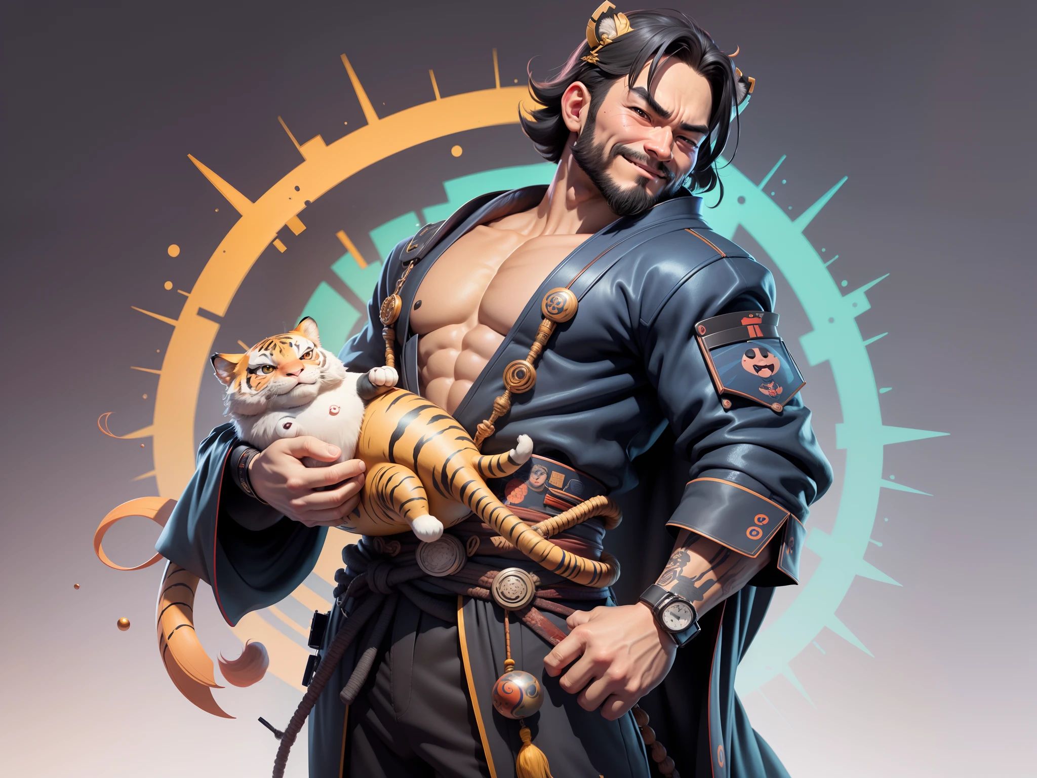 (Daisaku),(Need),(Super meticulous),(full bodyesbian:1.2),Super young man with Japanese geisha,Beautiful,orient,one tiger,Aeolian Thor,Raised sexy,爆乳,Oriental face,TV Anchor,Bust portrait illustration,In black suit,a blue tie,The face is slightly chubby,The face was clean,without a beard,Black super short hair,Black eyes,Smile confidently,3C computer sub-products,iPad, iphone,Digital painting,3D character design by Mark Clairen and Pixar and Hayao Miyazaki and Akira Toriyama,The illustration is a high-definition illustration in 4K resolution,With very detailed facial features and cartoon-style visuals。