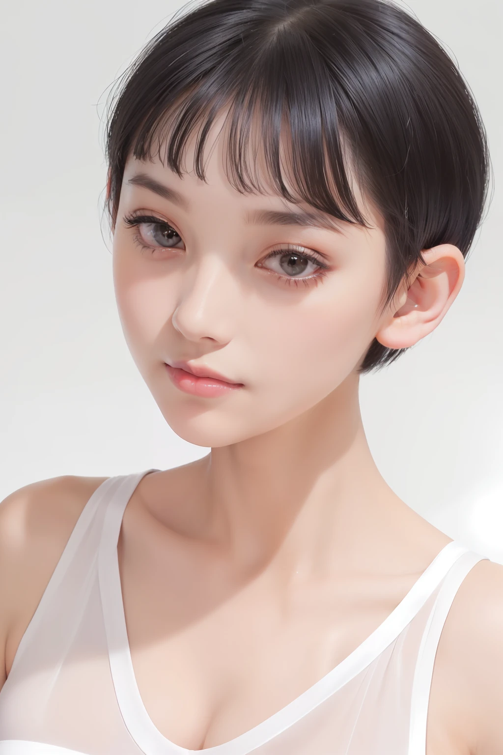 A close up of a woman with a white top and black hair - SeaArt AI