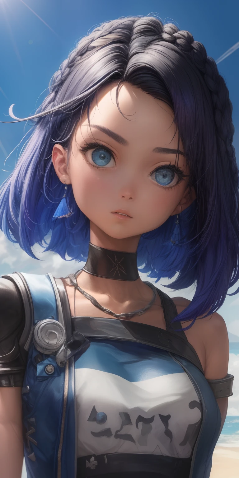 realista，1girl，cabelos brancos，olho roxo，olhos claros brilhantes，，Split lip，raios de sol，o mar，uniforme do superman，Supergirl，suspenso no ar，Seios grandes exagerados，pernas bonitas，salto em altura，with blue sky and white clouds，o mar，Navio de guerra Vista，Leering，sem cueca，revelando seios，Dedos de camelo，The lower part of the body is convex，The face is well lit, cabelo com pontas azuis