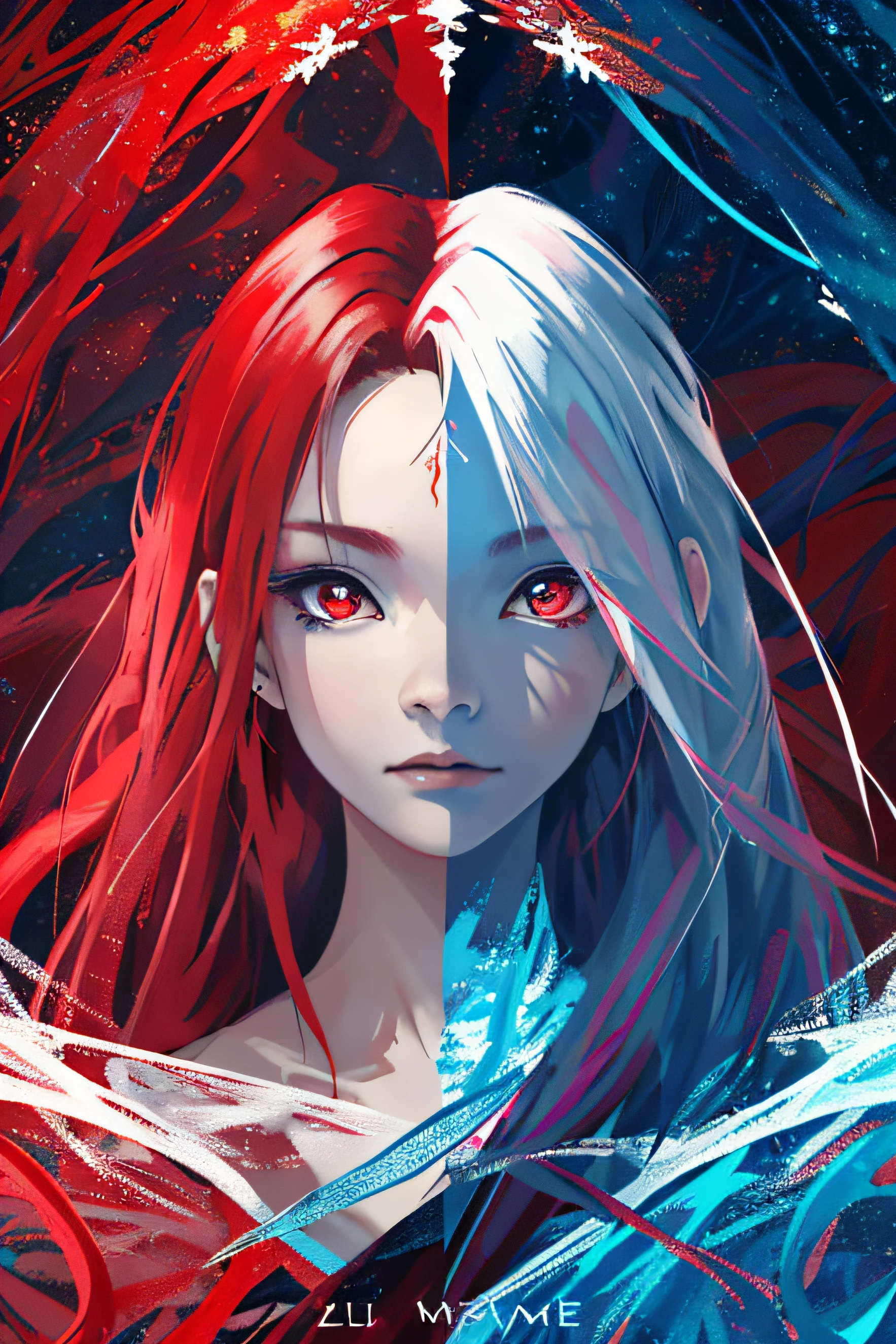realisticlying、Masterpiece quality、best qualtiy、offcial art、Beauty and aesthetics:1.2、Very detailed fractal art、Colorful abstract background、Kizi、Kamimei、The color hair、long whitr hair、luminous red eyes、Mysterious magic、Girl of Ice and Fire,Red and blue color scheme,cinematric light