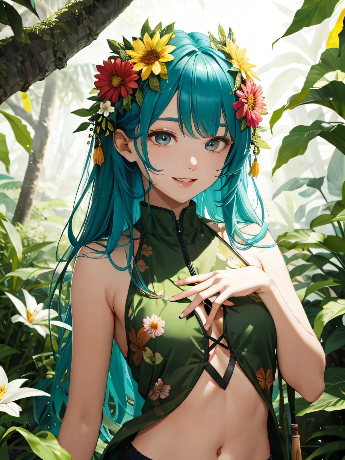 Background natural forest，The god of flowers has a hot and sexy body two-dimensional bright and brilliant super cute face