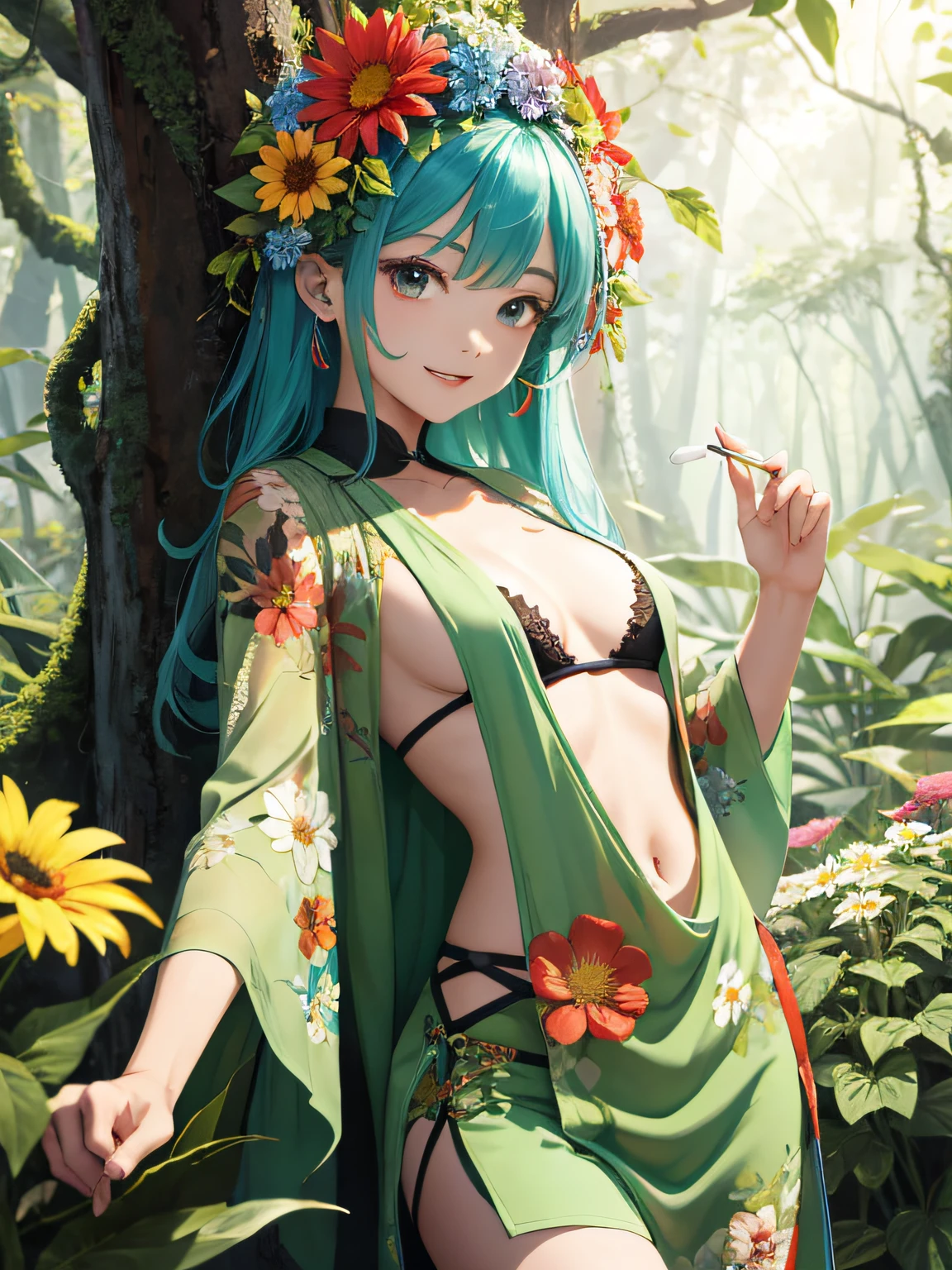Background natural forest,The god of flowers has a hot and sexy body Two-dimensional Bright and brilliant Super cute face Rich flower