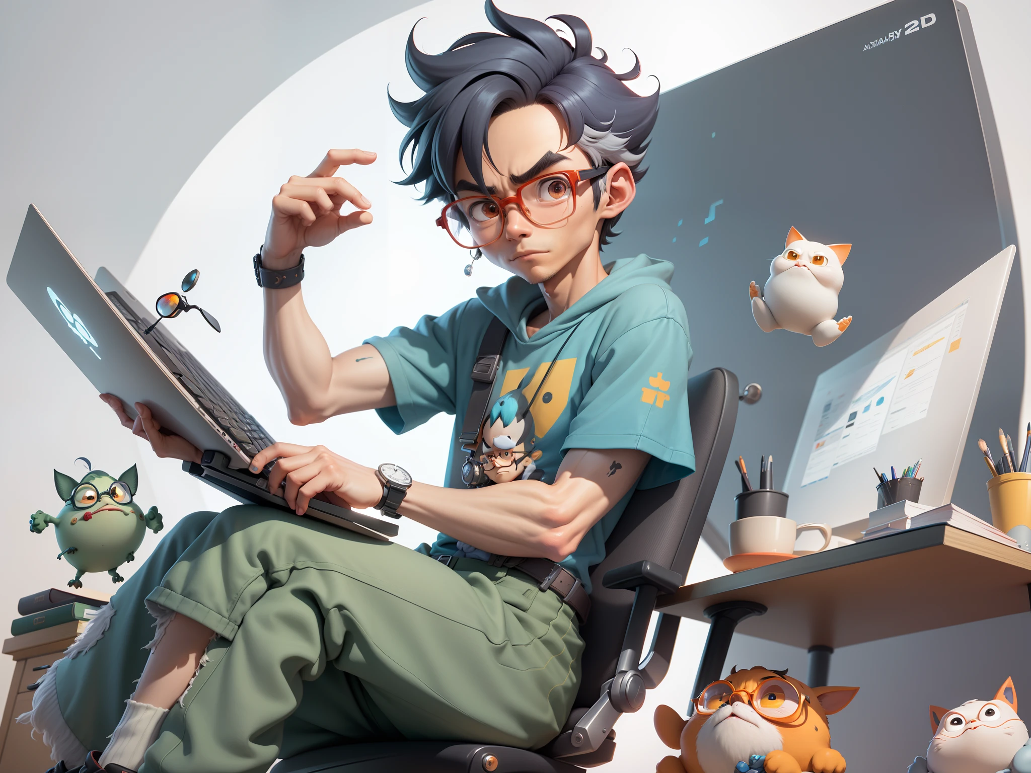 A young man with glasses sits at his desk,holding laptop,digitial painting,3D character design by Mark Clairen and Pixar and Hayao Miyazaki and Akira Toriyama,4K HD illustration,Very detailed facial features and cartoon-style visuals。