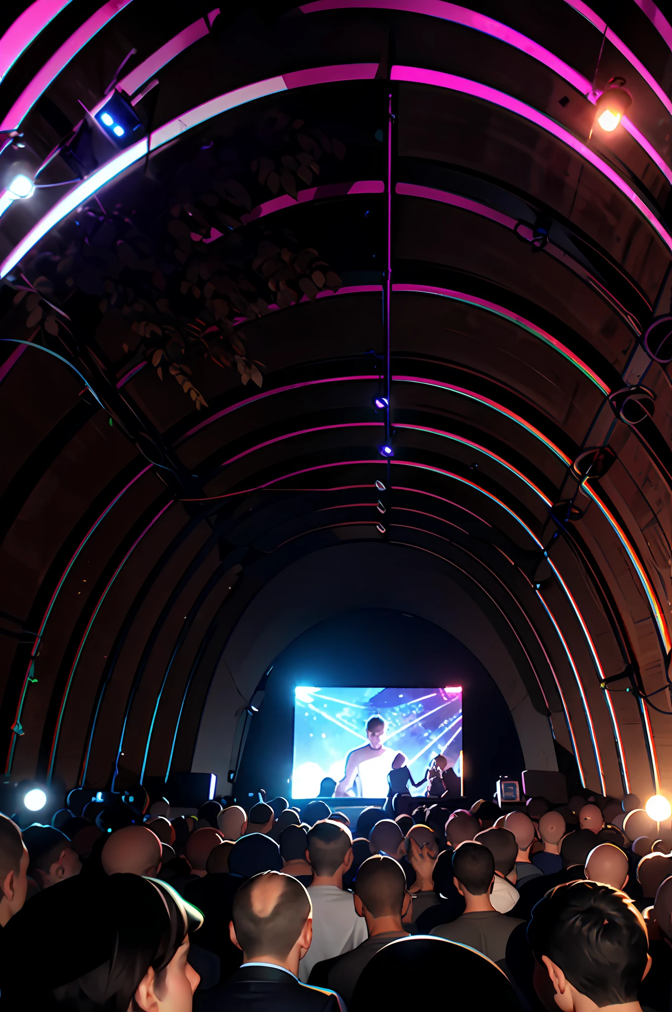 there is a large room with many dancing people, interior of the hall in area 55, covered outdoor stage, abandoned night hangar, stage at a club, inside futuristic hangar, stage, interior view, d. i. y. venue, moving lights inside facility, huge speakers, inside the tunnel, stage light, halo array, a former derelict soviet army military compound in the forest, an airplane hangar, men and women are having a party, the people are only lightly clad, more or less half-naked, there are canvases on the walls and neon lights illuminate the night, raw, steampunk, gothic, bdsm
