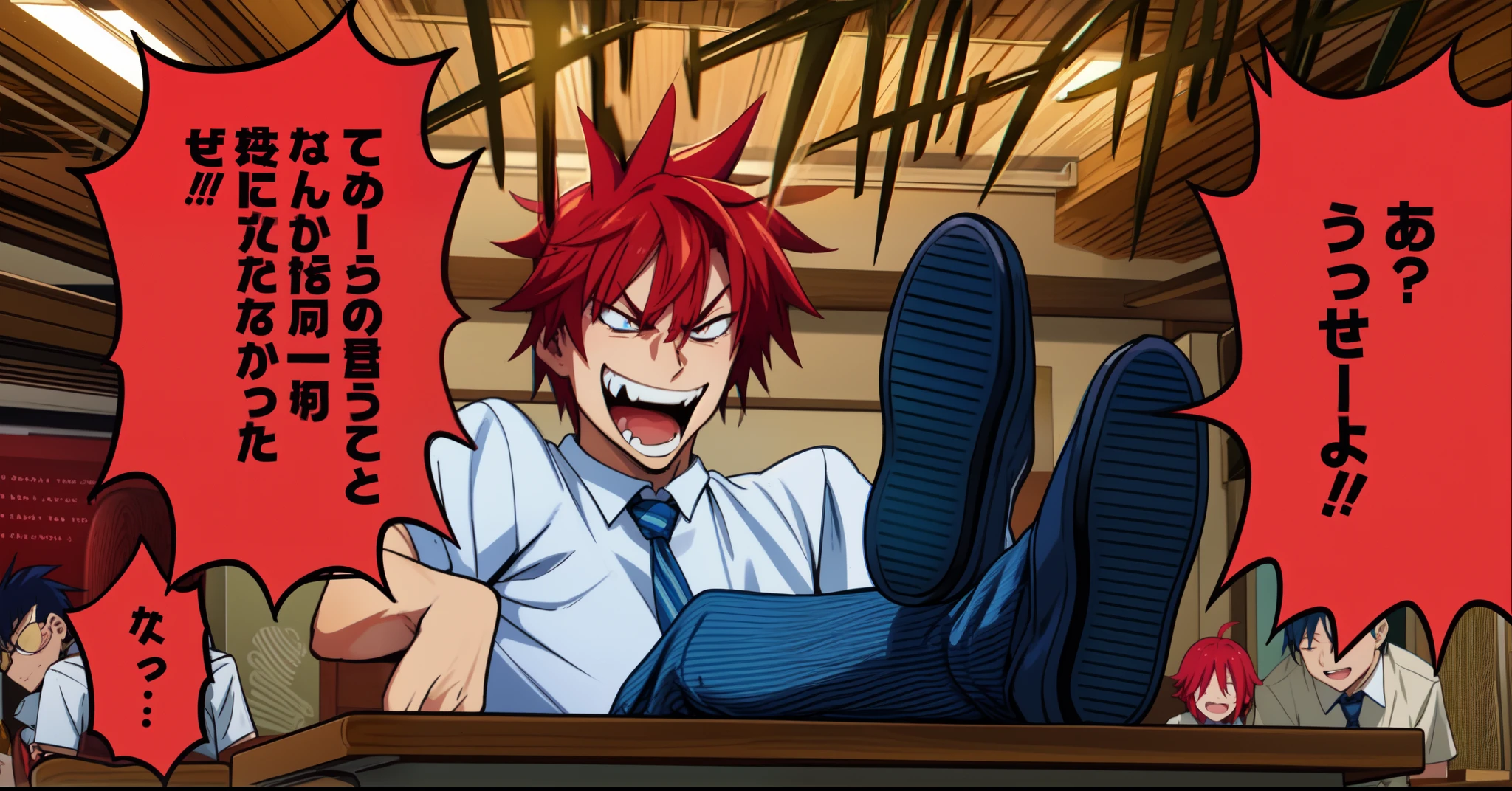 a anime of a boys manga, red blue hair color, boss, gangsters, feet on the table, white shirt, school uniform, laughing, bullying, text manga, color manga, manga color, color manga, color manga panel, class background