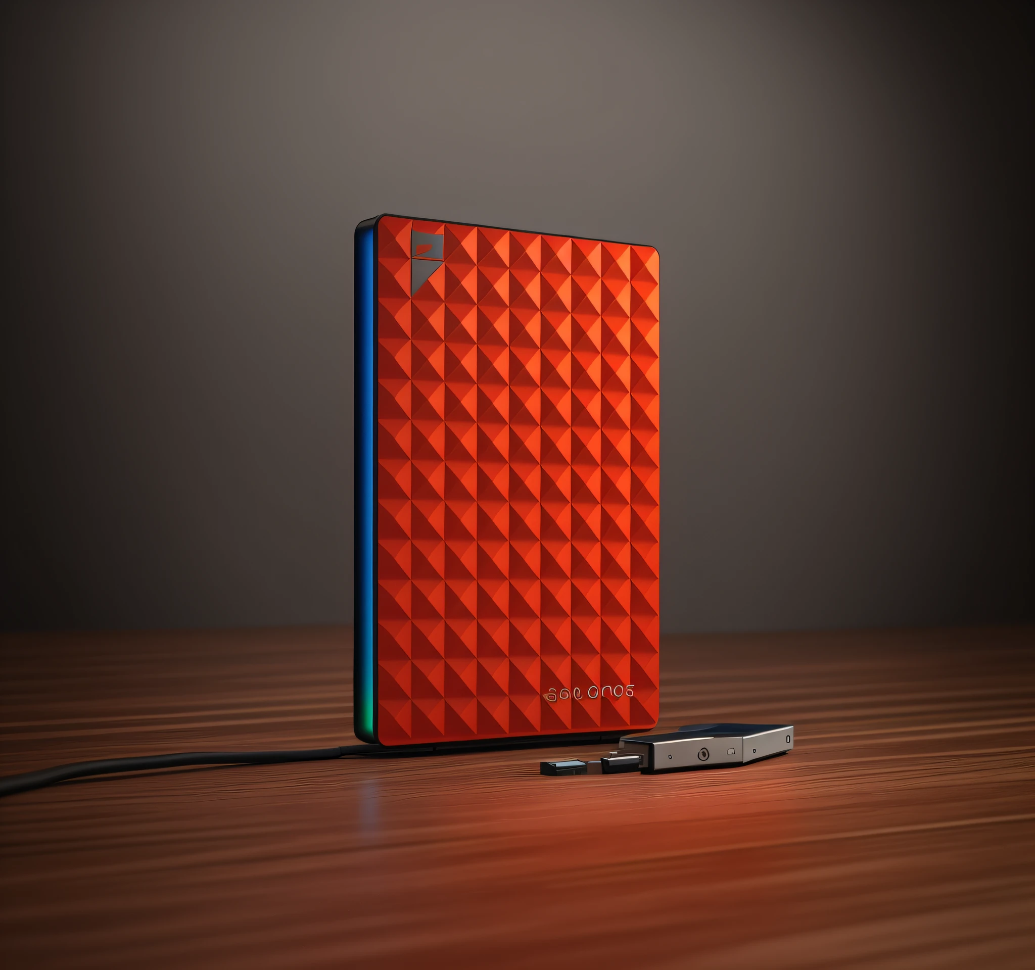 An external hard drive on the smooth-textured wooden office desk in a computer room. The picture is clear (Sharp: 0.7) and displays a colorful explosion of psychedelic paints (cores: 1.21), With incredible detail. Na mesa, Accessories include the Nikon D850 with Kodak Portra 400 photo film and f1 lenses.6, garantindo cores ricas e textura realista. Lighting is dramatic, and all around are the computer, enquanto, teclado e cabo USB.