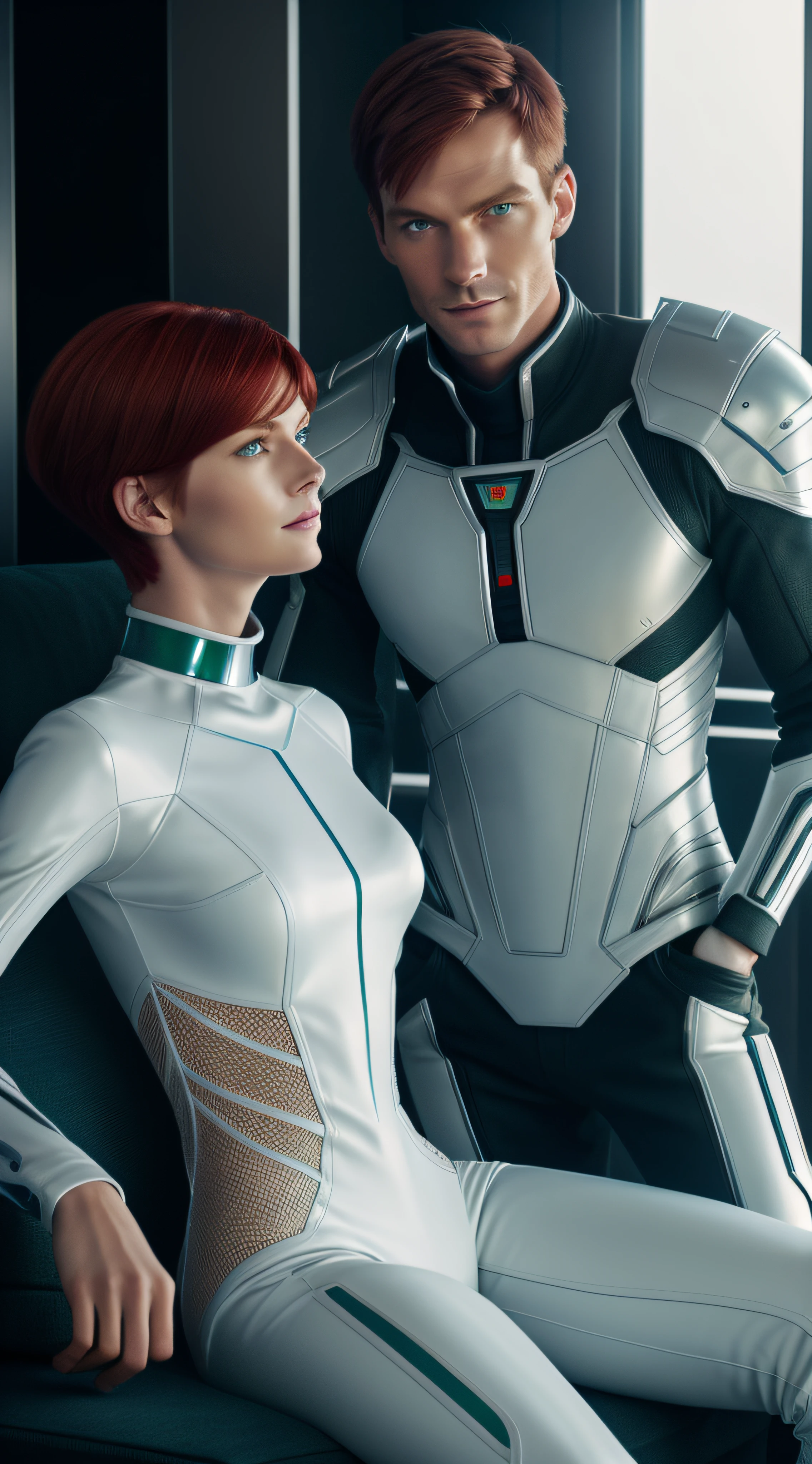 (1man+1woman, Caucasian, European), (she tall and thin, short red hair, green eyes), (him tall and thin, short black hair, blue eyes), white futuristic clothes, futuristic environment, sitting on sofa, general high detail, detailed scene, side soft light, smiling, anatomically correct, high facial detail, photorealistic