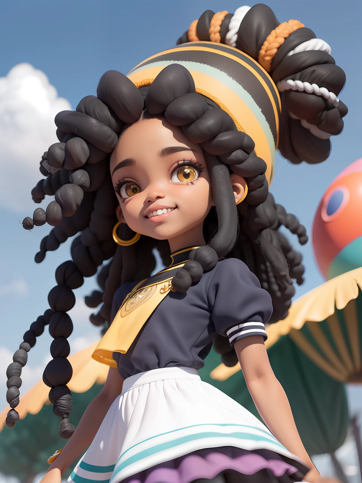 detailed cartoon, Black young princess sister with hair braids and almond-shaped eyes, Dark brown skin, The whole body is wearing a yellow princess dress, cartoon character, 8K, High quality, high resolution, 4K, HD,(Well-designed body), amazing body, (Super detailed), Beautiful eyes, Cartoon