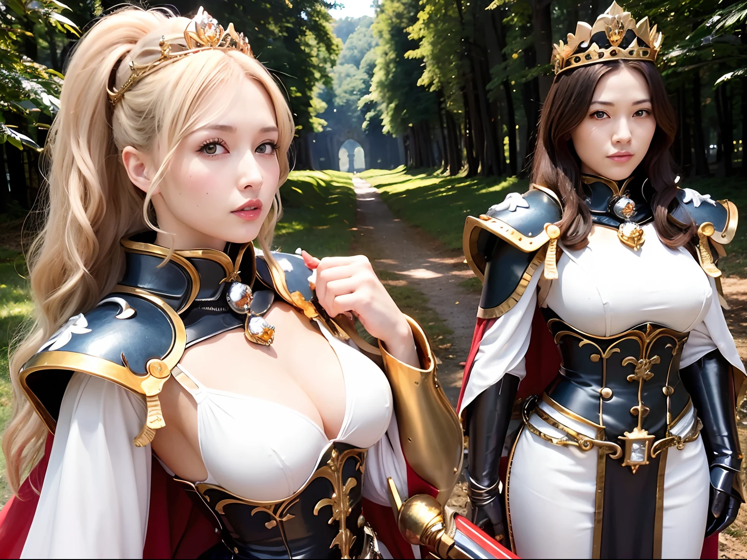 (masutepiece), Professional , masterpiece、top-quality、photos realistic , depth of fields (Gemstone Silver Metal Body:1.9),(Matte White、Jewel Gold Weapon、(Gorgeous castle background)、(ultimate beauty girl)、(Jewel Metal Body:1.4),Gorgeous Jewel Metal Weapons , Detailed Sword of the Brave ,( Soldier background in metal armor) ,warhammer 40k , adepta sororitas,Detail and ornate jewel crown、独奏、Brown hair、(Gangle's forest background)、Beautiful Caucasian beauty、1a person、dynamic ungle,(((Diamond tiara with detail and luxury)))、a small face、A smile、Powerful poses、(Gorgeous castle background)、huge filesize、20 year old beautiful woman、Stand in the center of the screen、Thin female fingers、Straight long hair、Beautiful Caucasian beauty、