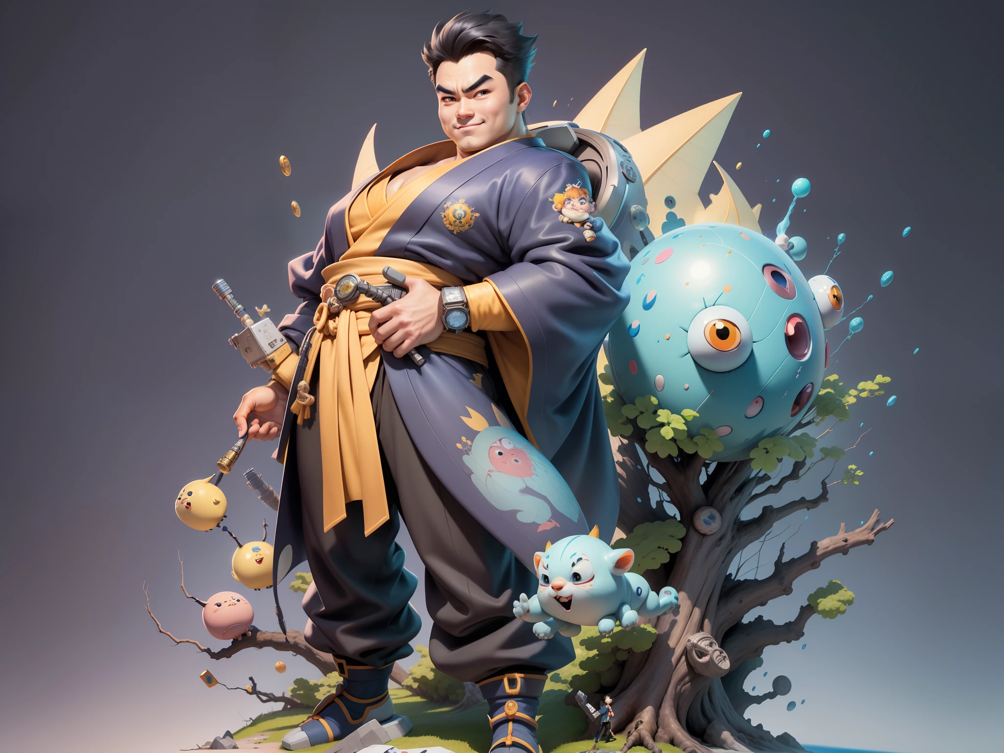 (Masterpiece), (Excellent), (Super Meticulous), (Full Body: 1.2), Super Young Man, Oriental Face, Japanese Kimono, Japanese Wind Thunder God, Dragon, Tiger, TV Anchor, Bust Portrait Illustration, Alone, Black Suit, Blue Tie, Slightly Chubby Face, Very Clean Face, No Beard, Black Super Short Hair, Black Eyes, Confident Smile, 3c Computer Sub-Products, iPad, iPhone, Digital Painting, 3D Character Design by Akira Toriyama and Mark Claireden and Pixar and Hayao Miyazaki, The illustration is a high-definition illustration in 4K resolution with very detailed facial features and cartoon-style visuals.