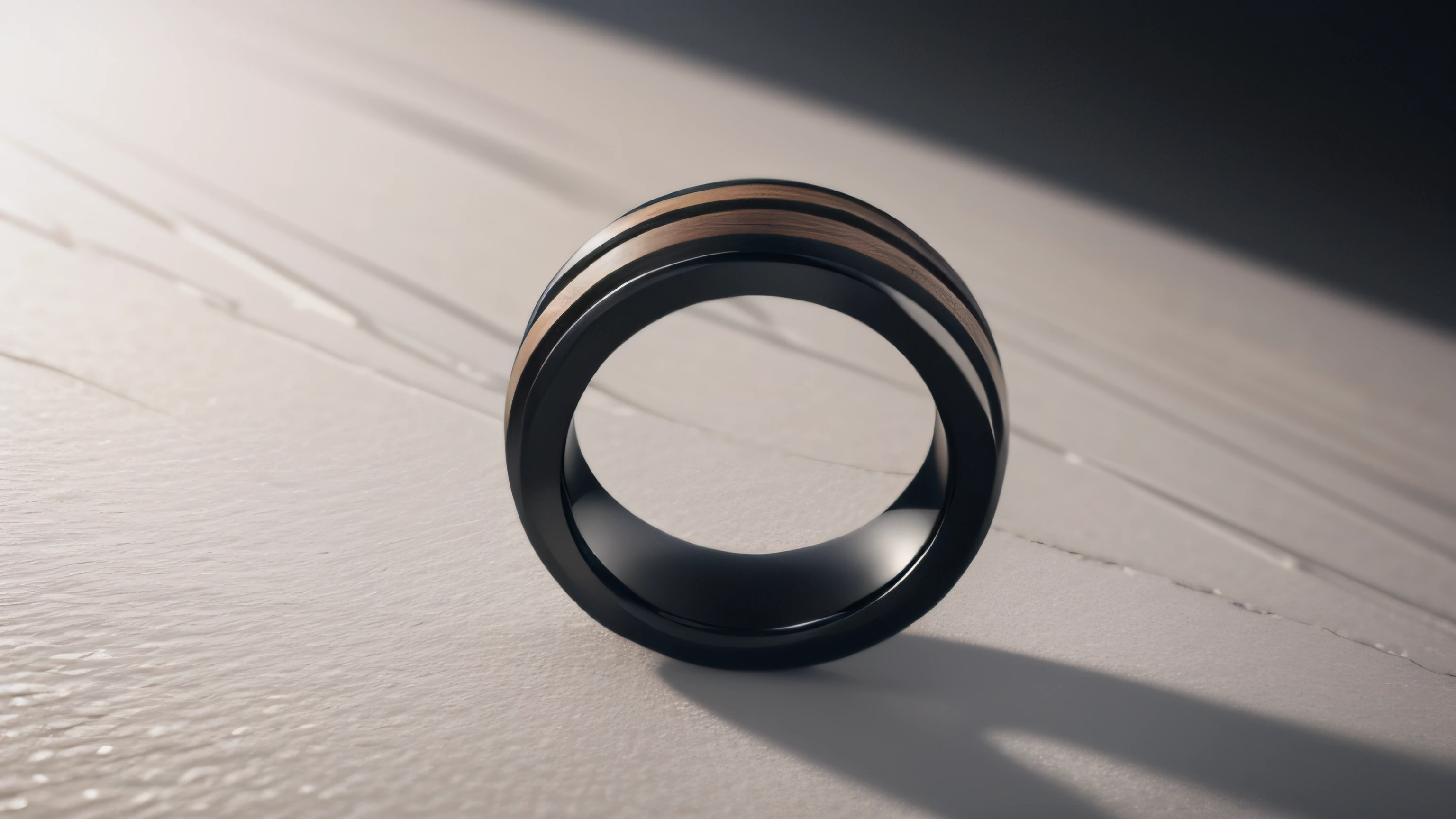 A (side-view) close up of a (tungstene black ceramic) ring with (wood inlays in the ring) on a white surface, cursed baroque with ebony inlay, black border: 0.75, three back bands and two wood bands, black fine lines on warm brown, brown:-2, 8 k. elegant, brown ) ), carbon black and antique wood, the ring is vertical, ring perspective close-up view, black and brown, black and brown colors, j. c. 8 k, hand carved brown resin, tungsten, on top of a white velvet surface, close up of a wedding ring on a flat white surface, natural morning light, eye catching, 2023 trend, octane render, caustics, dramatic lighting, detailed textures, award winning jewelry, raw photo, by Anthony Devas, hyperrealistic, product design shot, absolutely outstanding, by Aleksander Kotsis, by Sava Šumanović, by Breyten Breytenbach, by Emma Andijewska, bvlgari jewelry, a hyper realistic, inspired by Aleksandr Gerasimov, scarab, bulgari style, inspired by Roberto Parada, by Eva Gonzalès, black ceramic and wood ring with polished edges, hi - res, hi-res, f / 2 0, detailed close up shot, armillary rings jewelry, 40 mm, 4 0 mm, flex, a hyper realistic, official product image, f / 2 0, graphic, octane rendering, john baer, 20k, 16k, 1 6 k, model,
