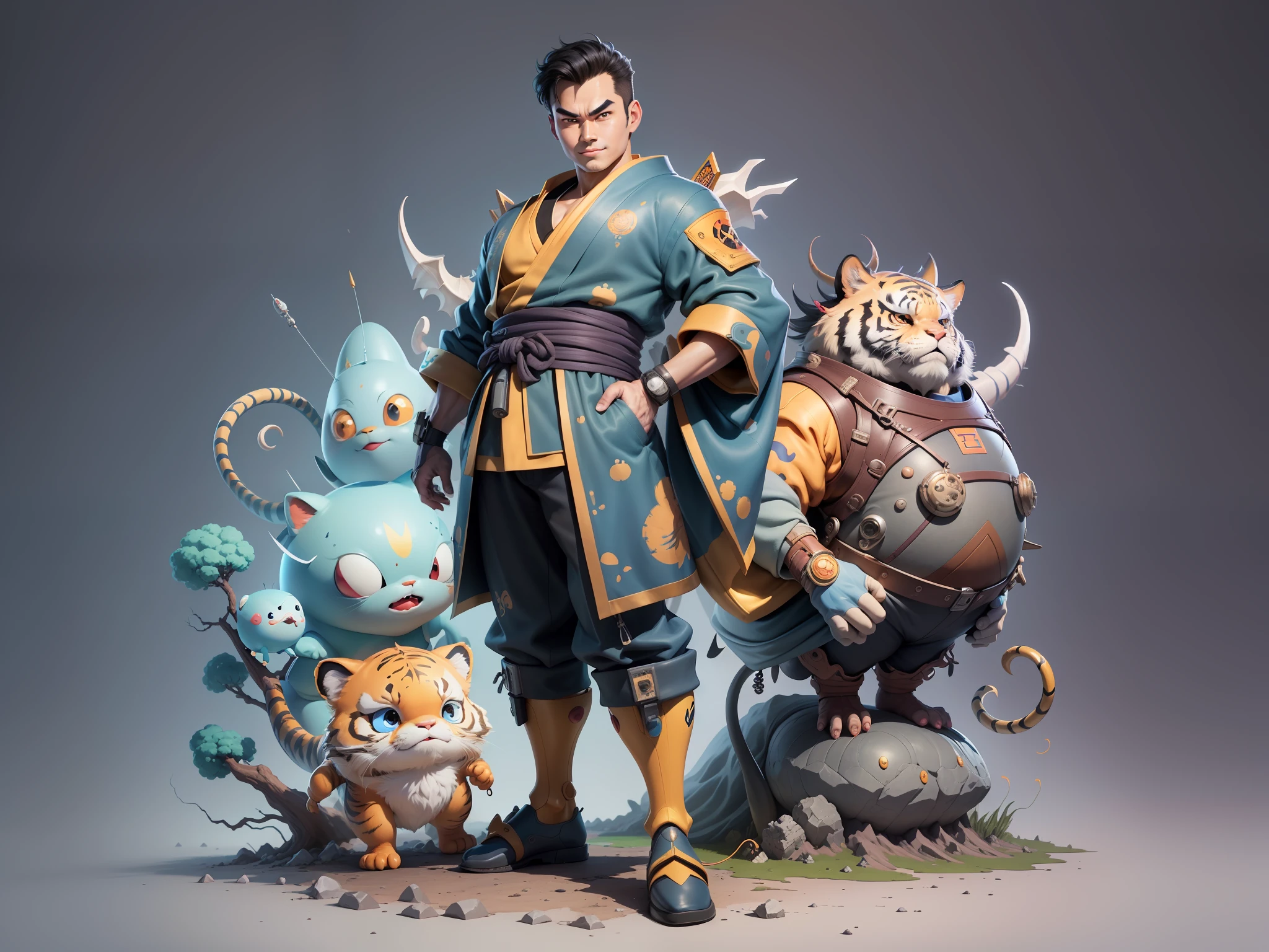 (Masterpiece), (Excellent), (Super Meticulous), (Full Body: 1.2), Super Young Man, Oriental Face, Japanese Kimono, Japanese Wind Thunder God, Dragon, Tiger, TV Anchor, Bust Portrait Illustration, Alone, Black Suit, Blue Tie, Slightly Chubby Face, Very Clean Face, No Beard, Black Super Short Hair, Black Eyes, Confident Smile, 3c Computer Sub-Products, iPad, iPhone, Digital Painting, 3D Character Design by Akira Toriyama and Mark Claireden and Pixar and Hayao Miyazaki, The illustration is a high-definition illustration in 4K resolution with very detailed facial features and cartoon-style visuals.