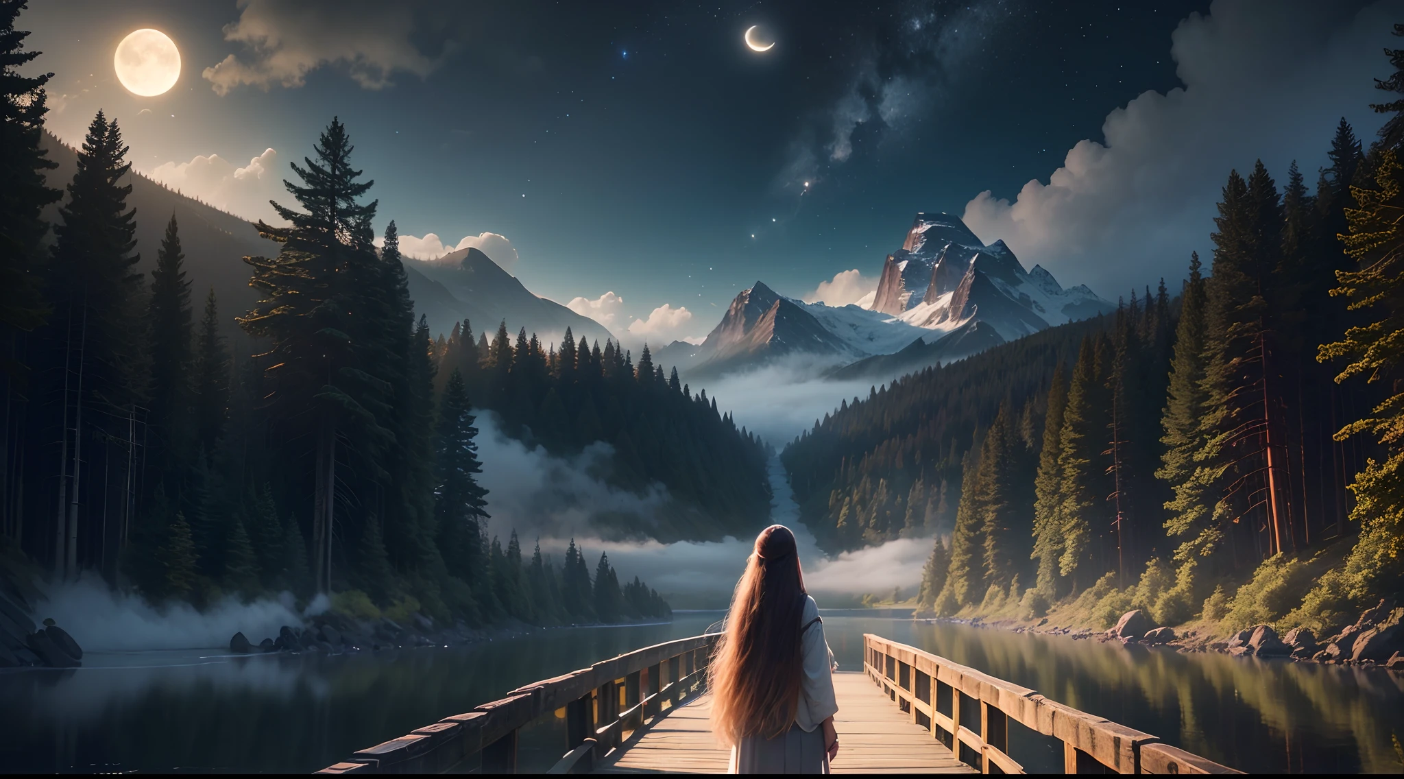 a huge wooden bridge in an ultra realistic forest with mountains around and huge trees with mists on the ground and fireflies and lights between the trees a sky co a bright moon and a woman with long hair on the shore on the bridge watching the moonlight image in 8k ultra realistic --auto