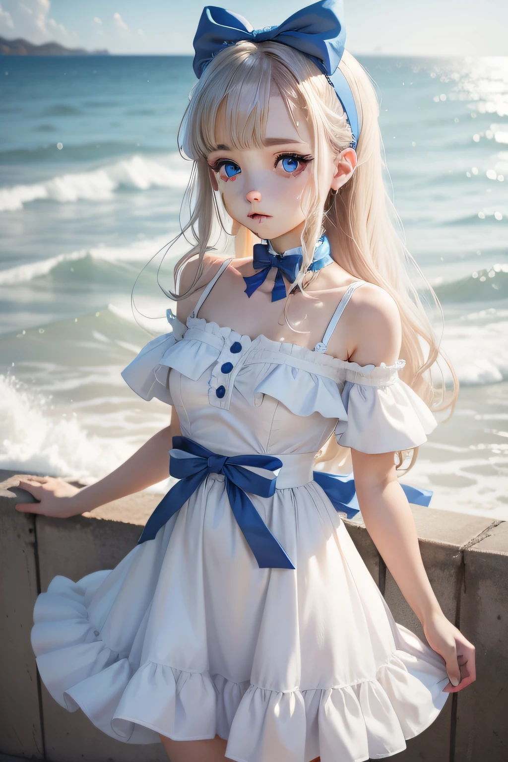 animesque，White dress，blue eyess，bow ribbon，teens girl，Summer sea