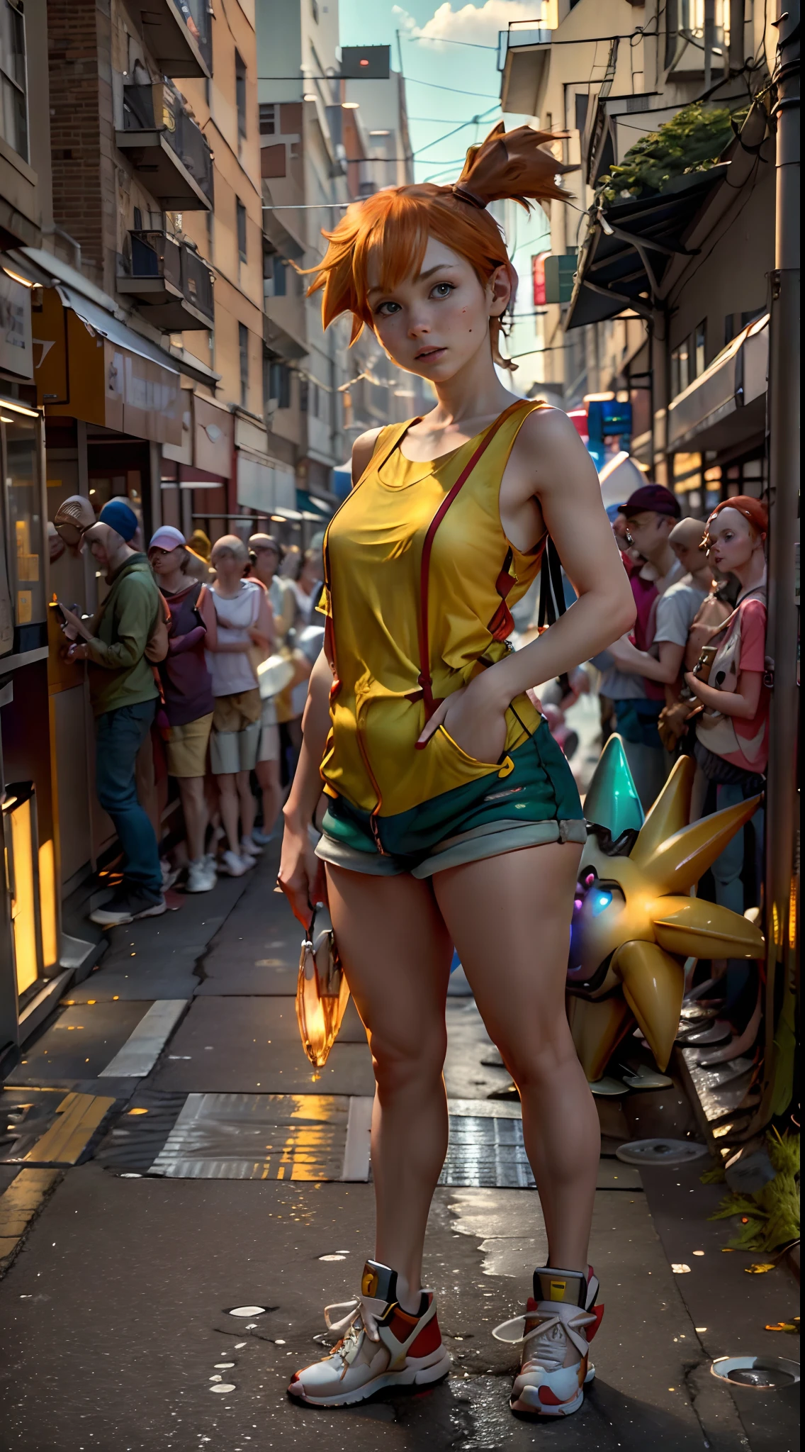 masterpiece, best quality, highres, 1girl, misty (pokemon), orange hair, yellow tops, full body view, standing in urban city,with Misty's Togetic in her hand.(8k, 4k, best quality, highres:1.2), (maasterpiece, realistic, photo realistic:1.37), beautiful face