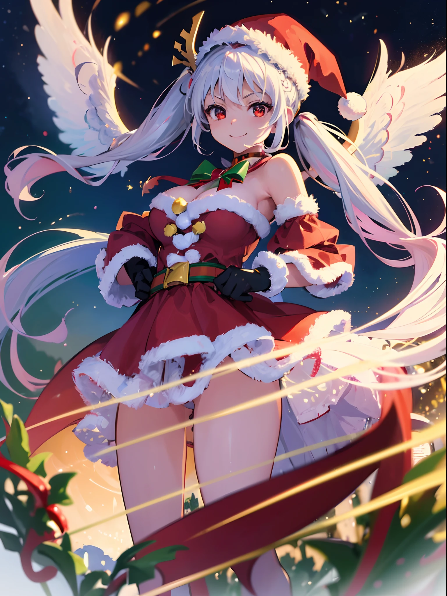 (best quality, masterpiece:1.3), illustrations, anime, very high resolution, large filesize, full color, beautiful detailed glow, front light, 1girl, solo, Christmas, santa costume, (Santa hat), ((magical girl)), Christmas decorations, smiling, white hair, red eyes, (twintail), braid twin tail, (angel wings), dynamic angle, magic, battling,