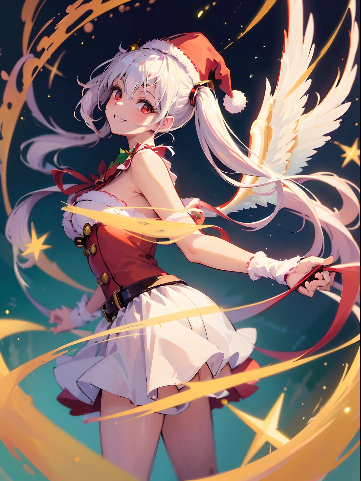 (best quality, masterpiece:1.3), illustrations, anime, very high resolution, large filesize, full color, beautiful detailed glow, front light, 1girl, solo, Christmas, santa costume, (Santa hat), ((magical girl)), Christmas decorations, smiling, white hair, red eyes, (twintail), braid twin tail, (angel wings), dynamic angle, magic, battling,