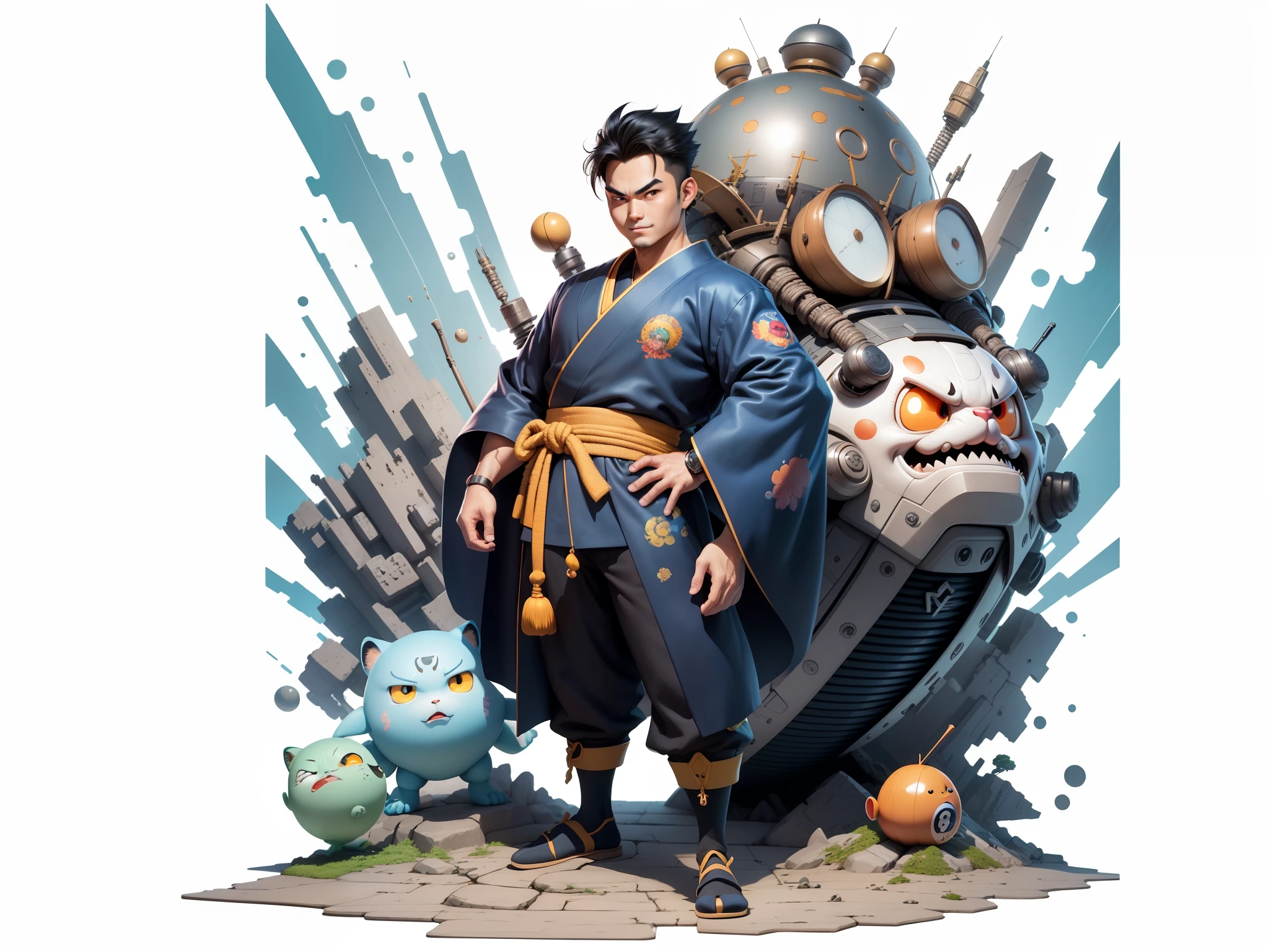 (Masterpiece), (Excellent), (Super Meticulous), (Full Body: 1.2), Super Young Man, Oriental Face, Japanese Kimono, Japanese Wind Thunder God, Dragon, Tiger, TV Anchor, Bust Portrait Illustration, Alone, Black Suit, Blue Tie, Slightly Chubby Face, Very Clean Face, No Beard, Black Super Short Hair, Black Eyes, Confident Smile, 3c Computer Sub-Products, iPad, iPhone, Digital Painting, 3D Character Design by Akira Toriyama and Mark Claireden and Pixar and Hayao Miyazaki, The illustration is a high-definition illustration in 4K resolution with very detailed facial features and cartoon-style visuals.