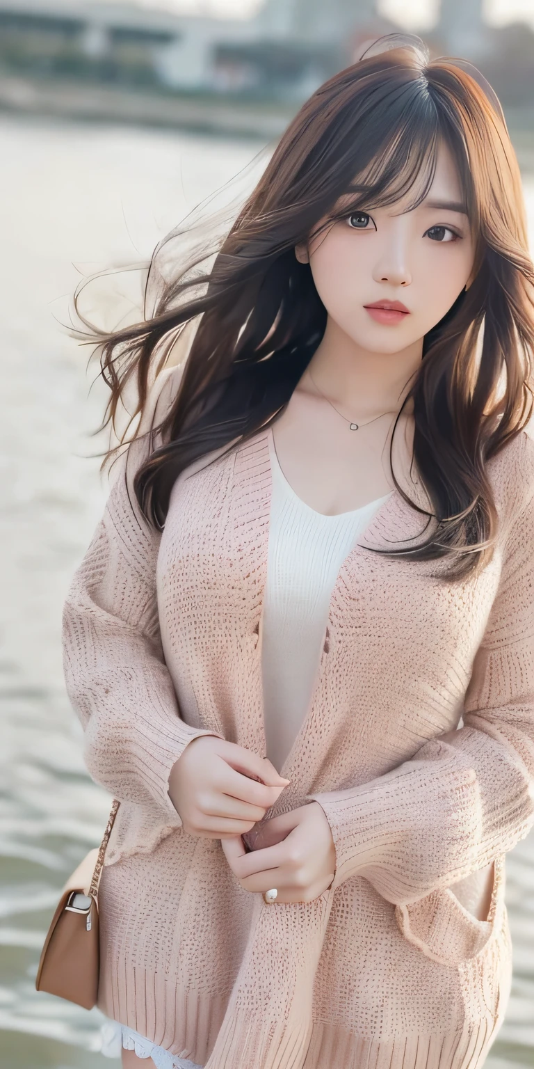 1girl walking on the river, mix4, sweater, pillow, lips, open_mouth, realistic, photo_\(medium\), solo, stuffed_animal, stuffed_toy, teddy_bear, (masterpiece), (realism: 1.3), super detailed, (High detail skin: 1.2), (Best quality: 1.0), (Ultra resolution: 1.0), (ULZZANG-6500: 0.3), wavy detail hair, long hair, sunshine, (beautiful detail makeup), (sexually aroused blush, heavy breath: 1.0), floral theme petals scattered, (soft light bloom: 0.5)
